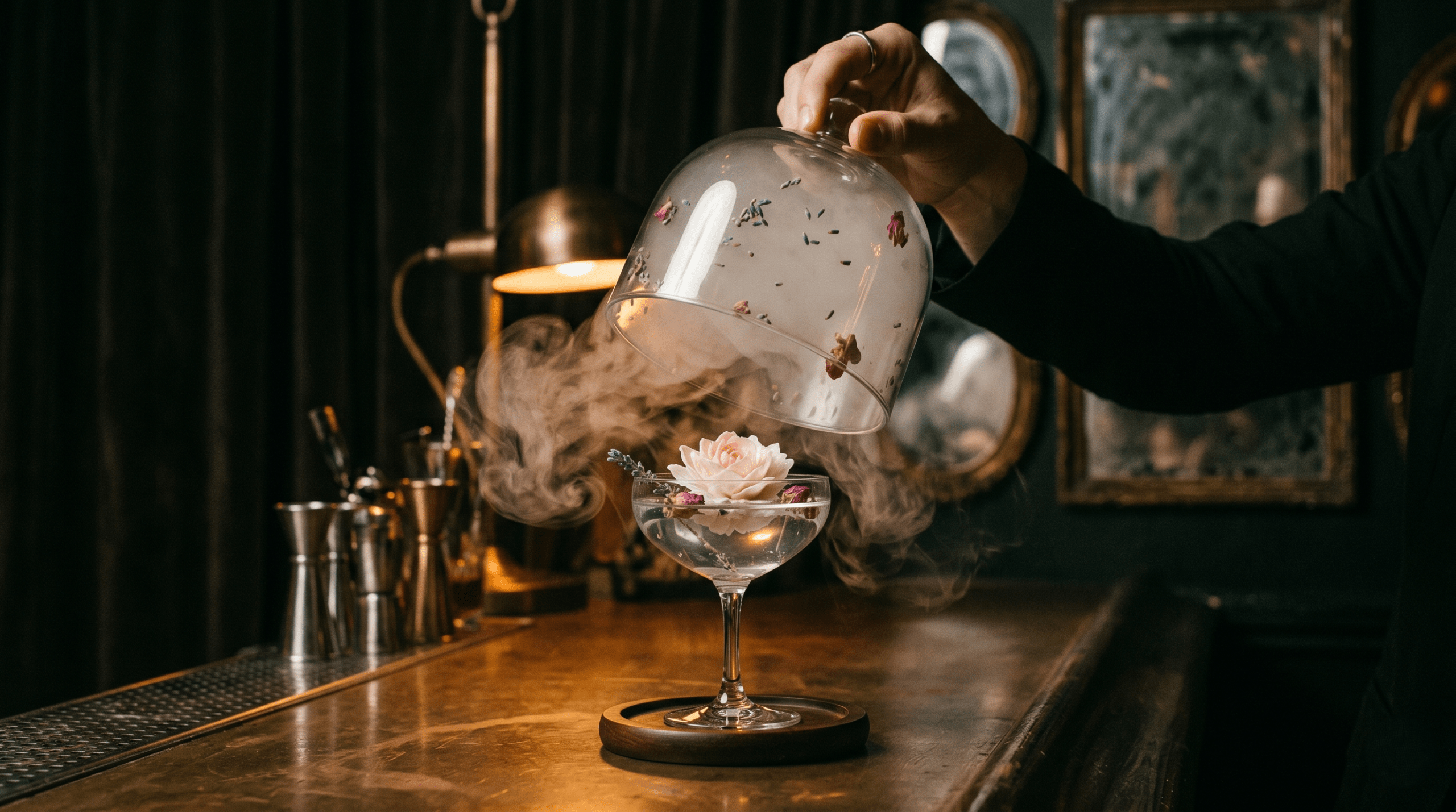  A hand holds an intricate, lavender-infused botanical mocktail inside a moody River North speakeasy for sensory grounding.
