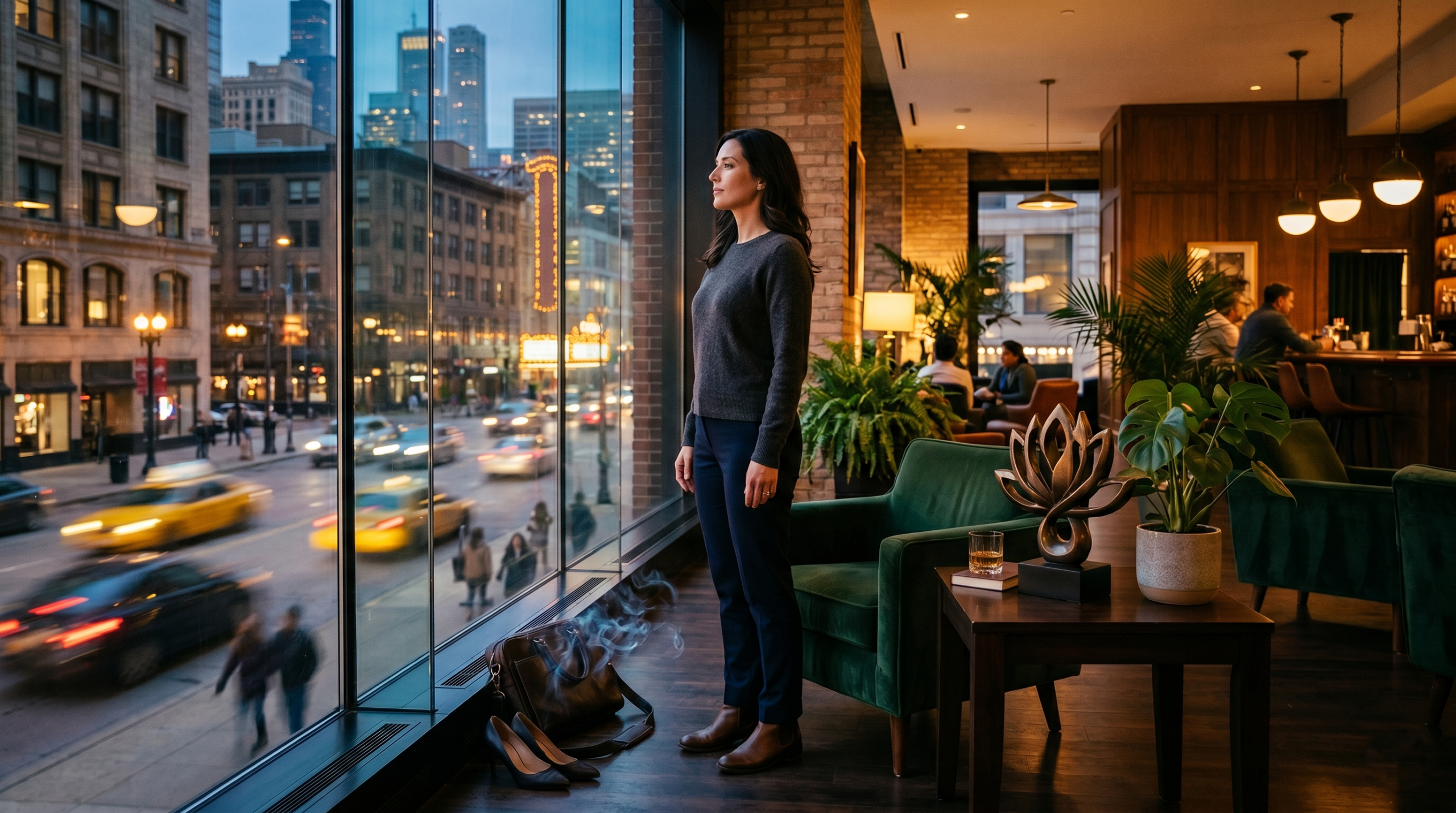 A serene professional transitions from a stressful River North Chicago street to a calming indoor 'Third Space' lounge during happy hour.
