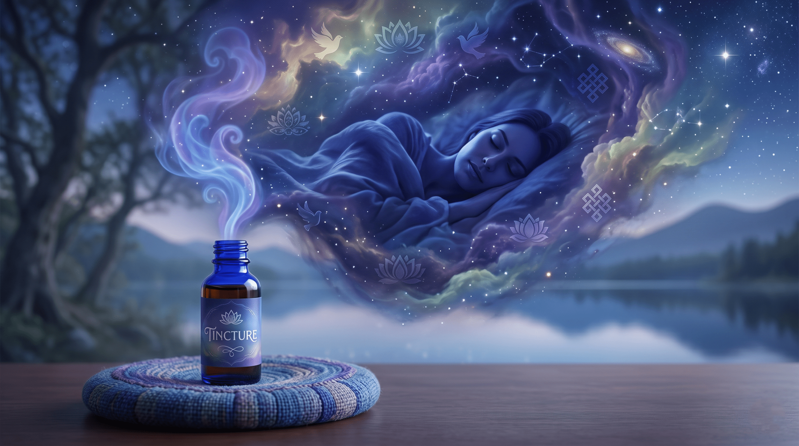 Surreal art representation of using a Blue Dream tincture before deep relaxation and experiencing vivid, cosmic dreams.

