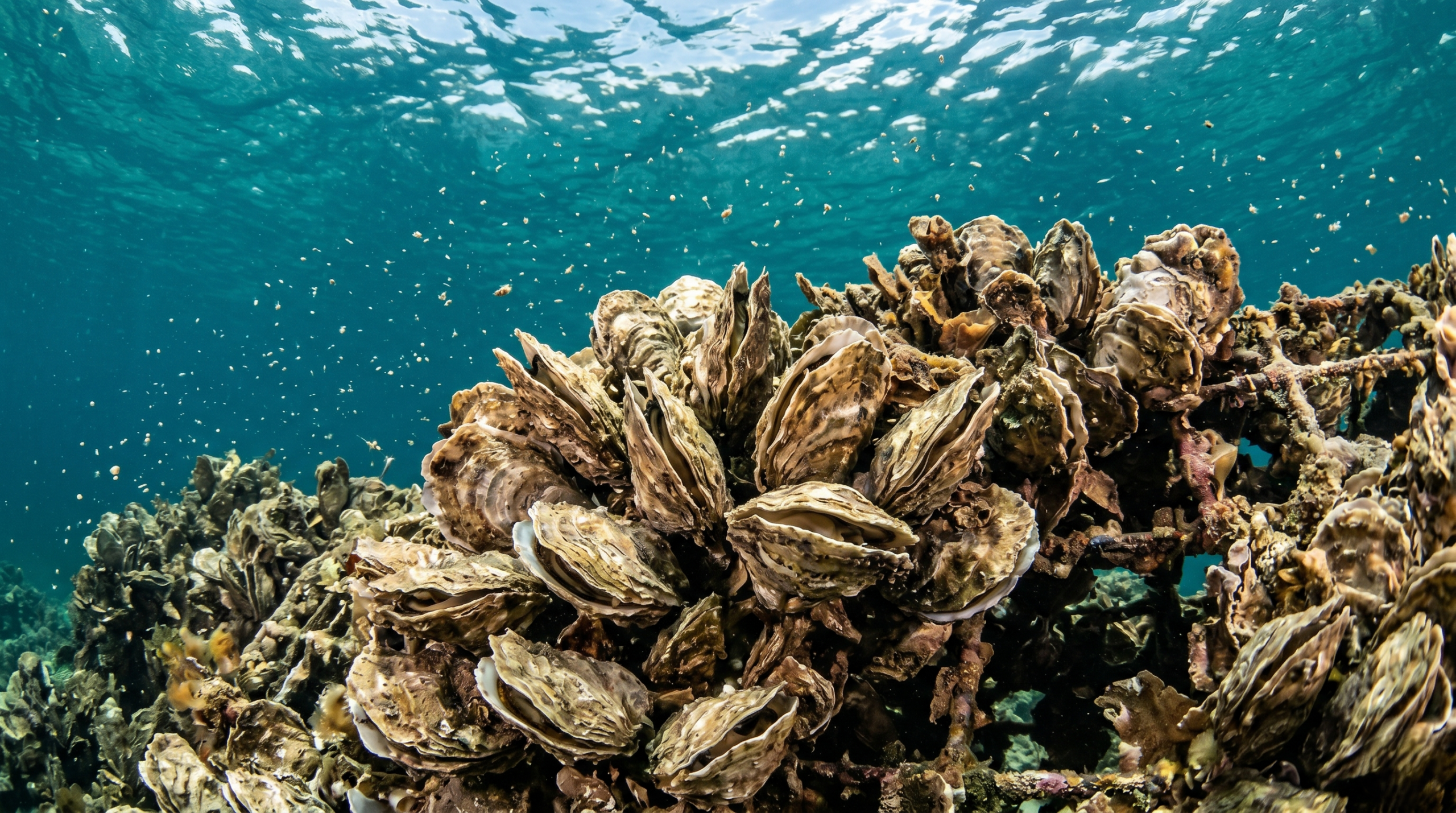 Underwater photo of natural, healthy oysters on a reef in clear water, actively filtering particles to demonstrate environmental sustainability and clean sourcing.
