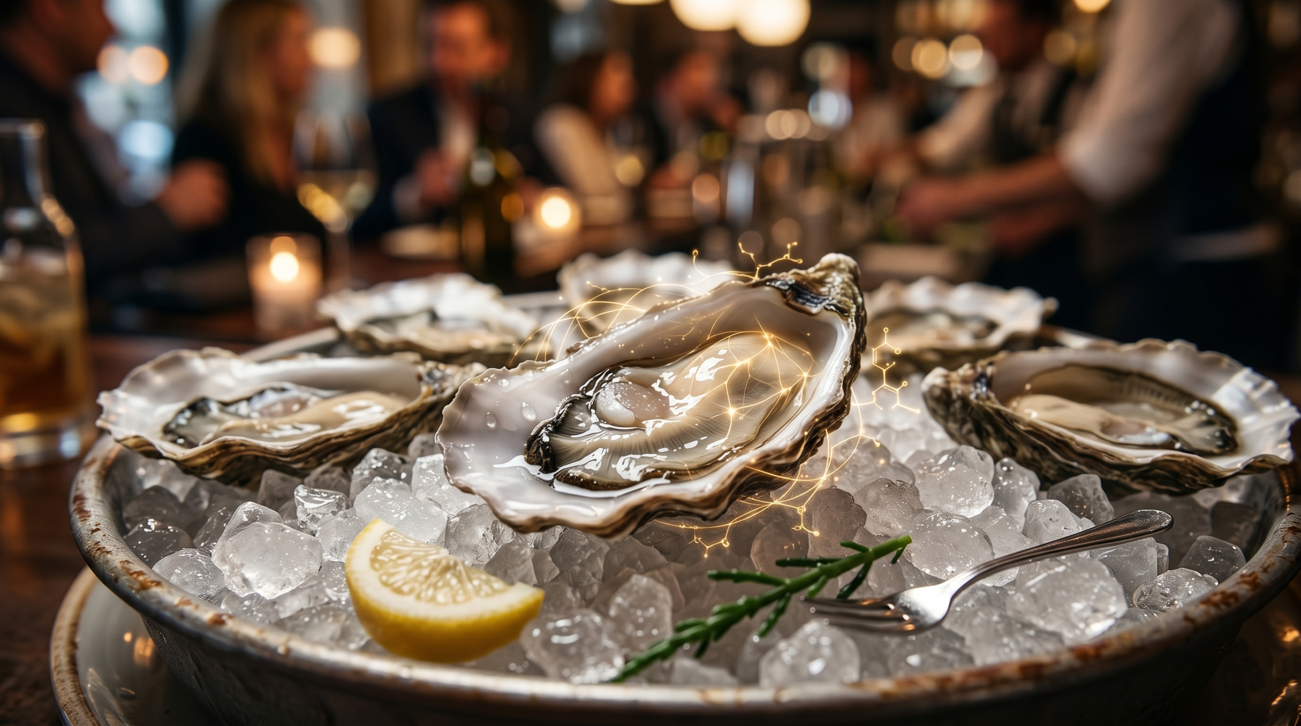 Close-up photo of fresh happy hour oysters on ice, with symbolic golden neural pathways radiating from them, visualizing brain cravings and nutrient transfer.