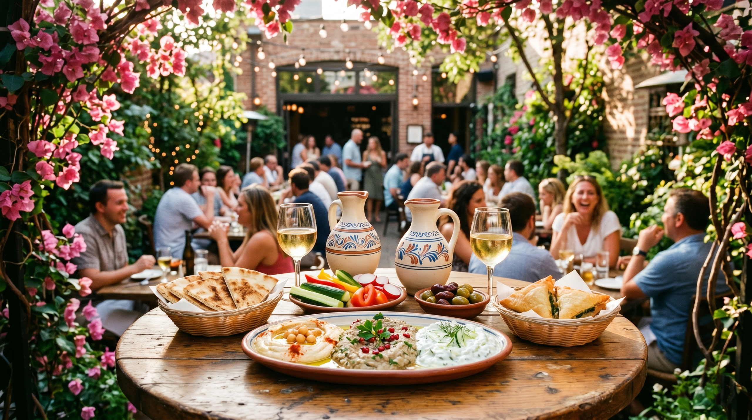 A rustic River North patio table at Avli Taverna features Greek mezze dips, spanakopita, and Assyrtiko wine under bougainvillea.
