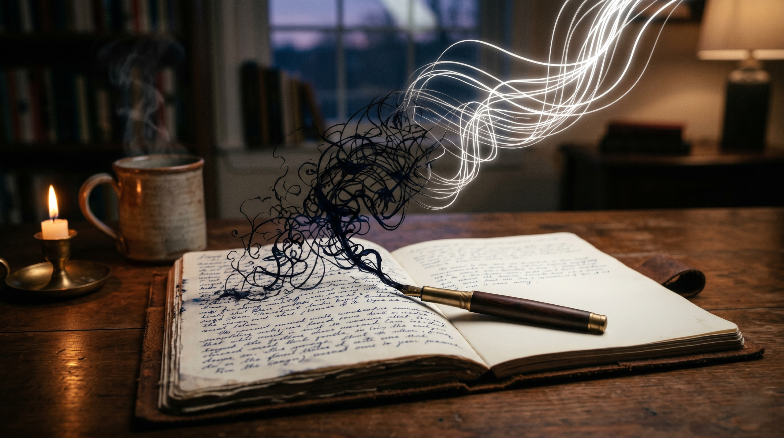 Atmospheric photograph of a weathered journal open on a wooden table, with symbolic dark tendrils spiraling up from the ink, carrying away tangled thoughts into the diffused light.