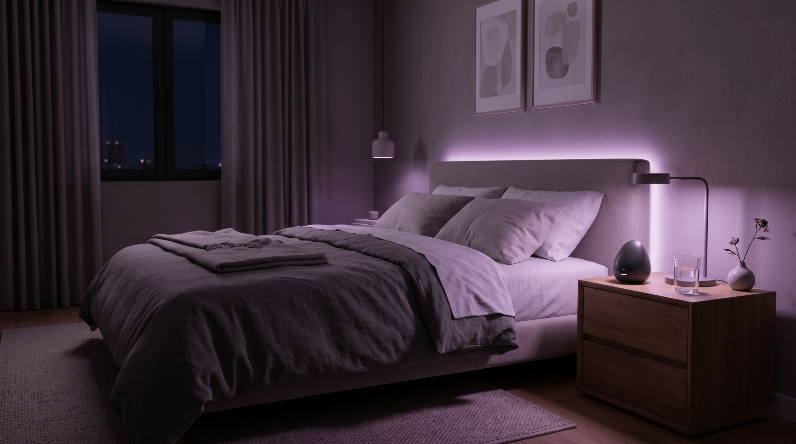 Cozy dark bedroom illuminated with calming purple ambient light representing a healthy nightly sleep routine.