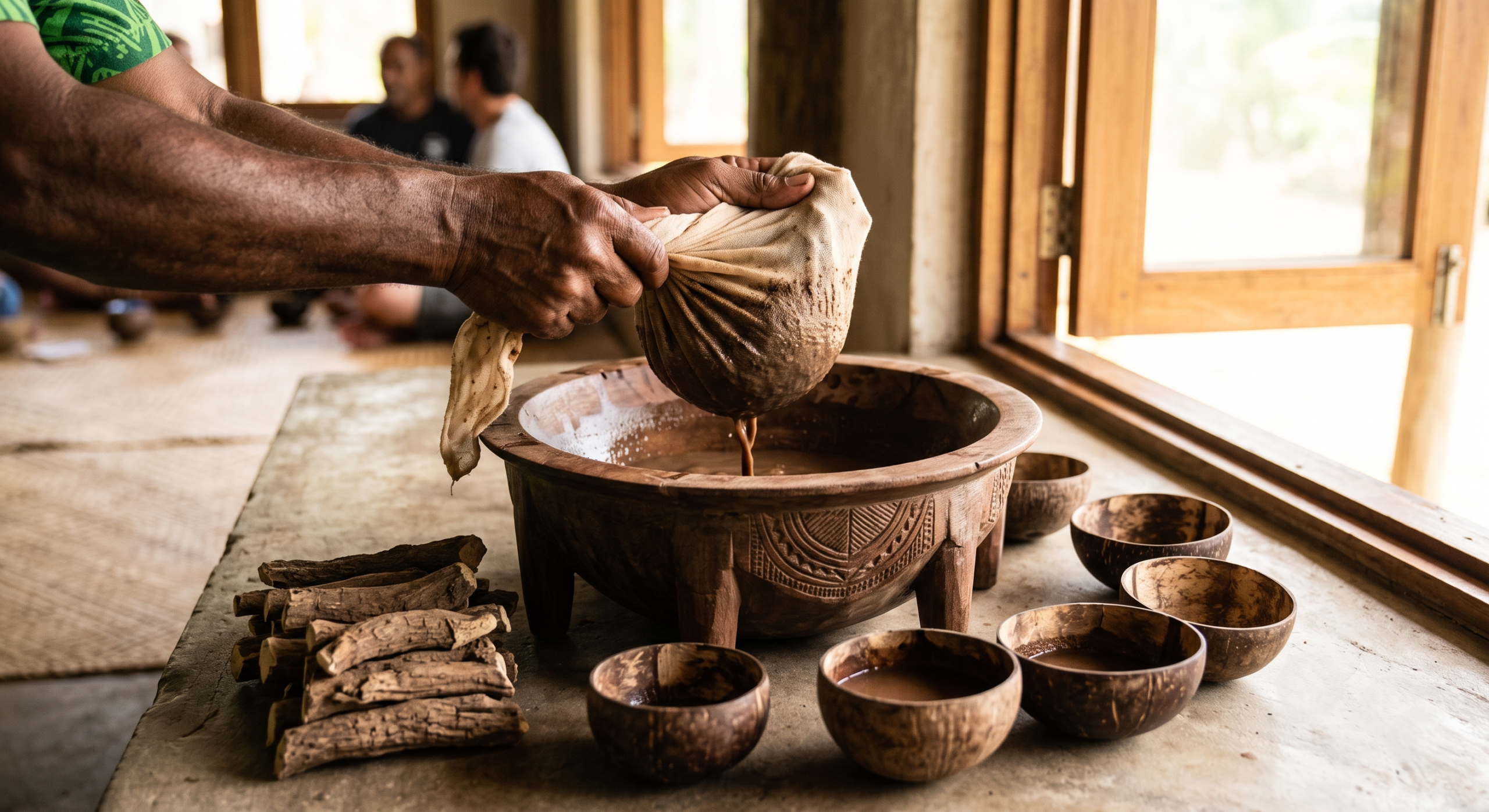 Traditional kava root beverage preparation at San Diego mindful happy hour venue.
