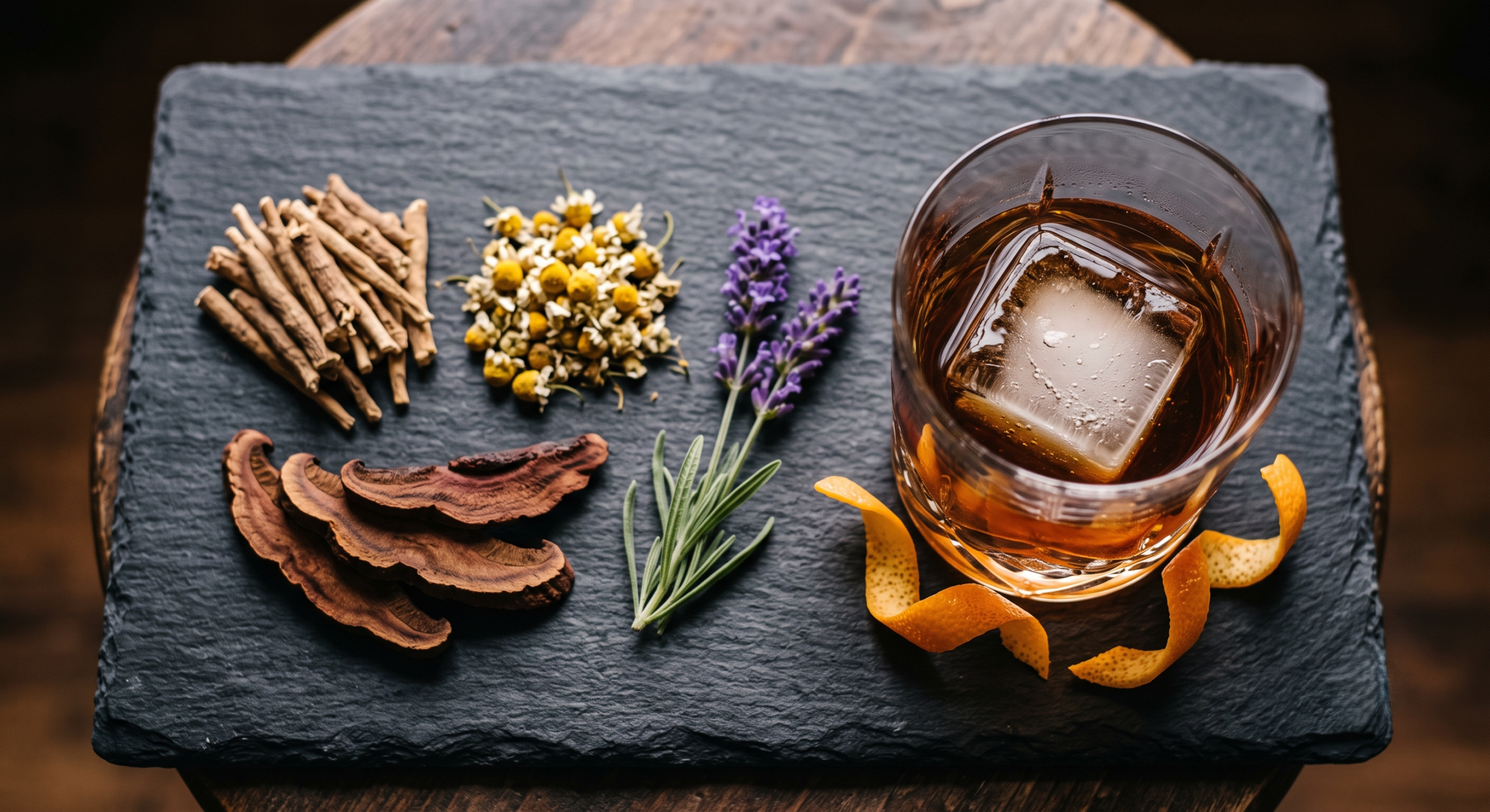 Functional happy hour ingredients: ashwagandha and chamomile elixirs in San Diego.