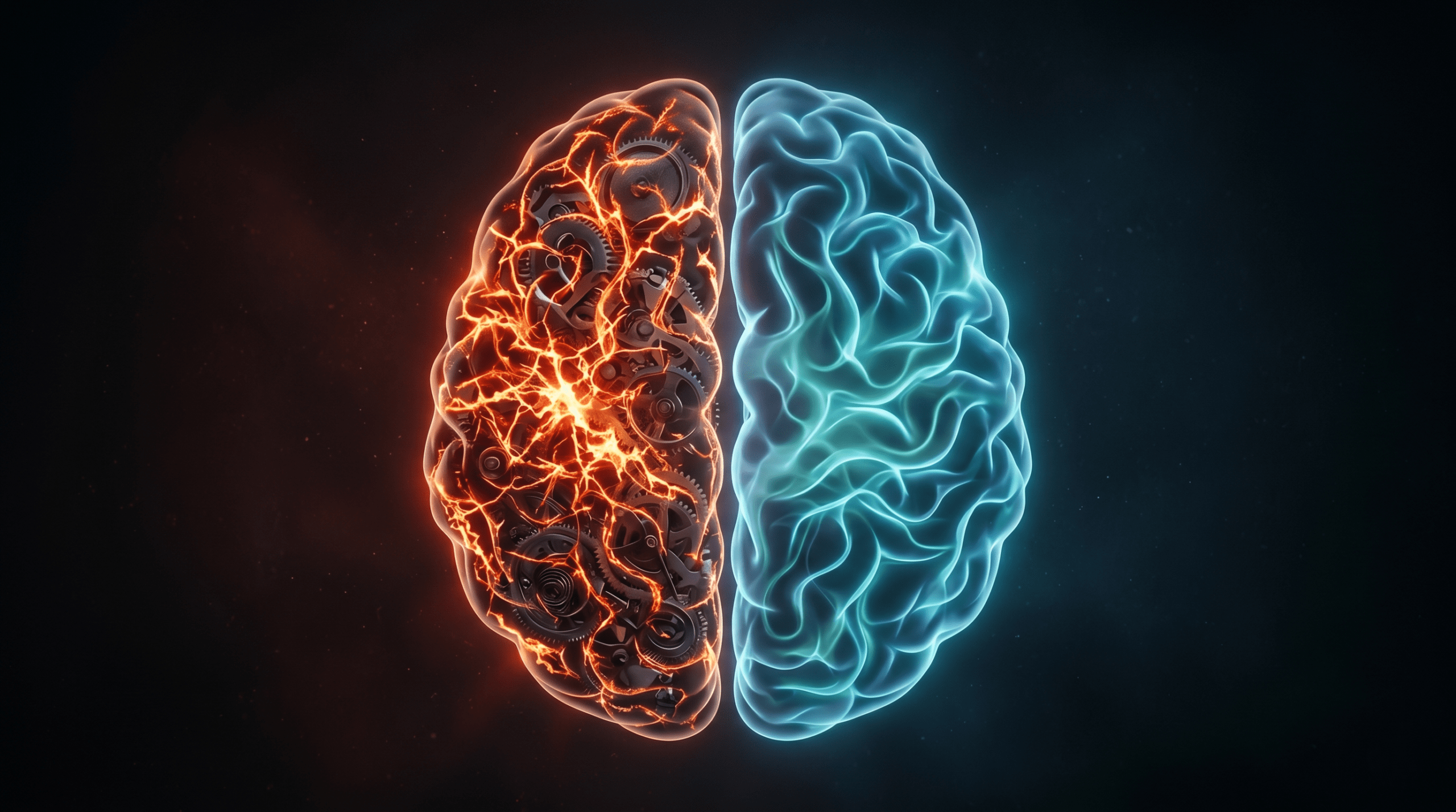 Surreal biological illustration of a human brain with illuminated chaotic stress pathways contrasting with smooth calm pathways.