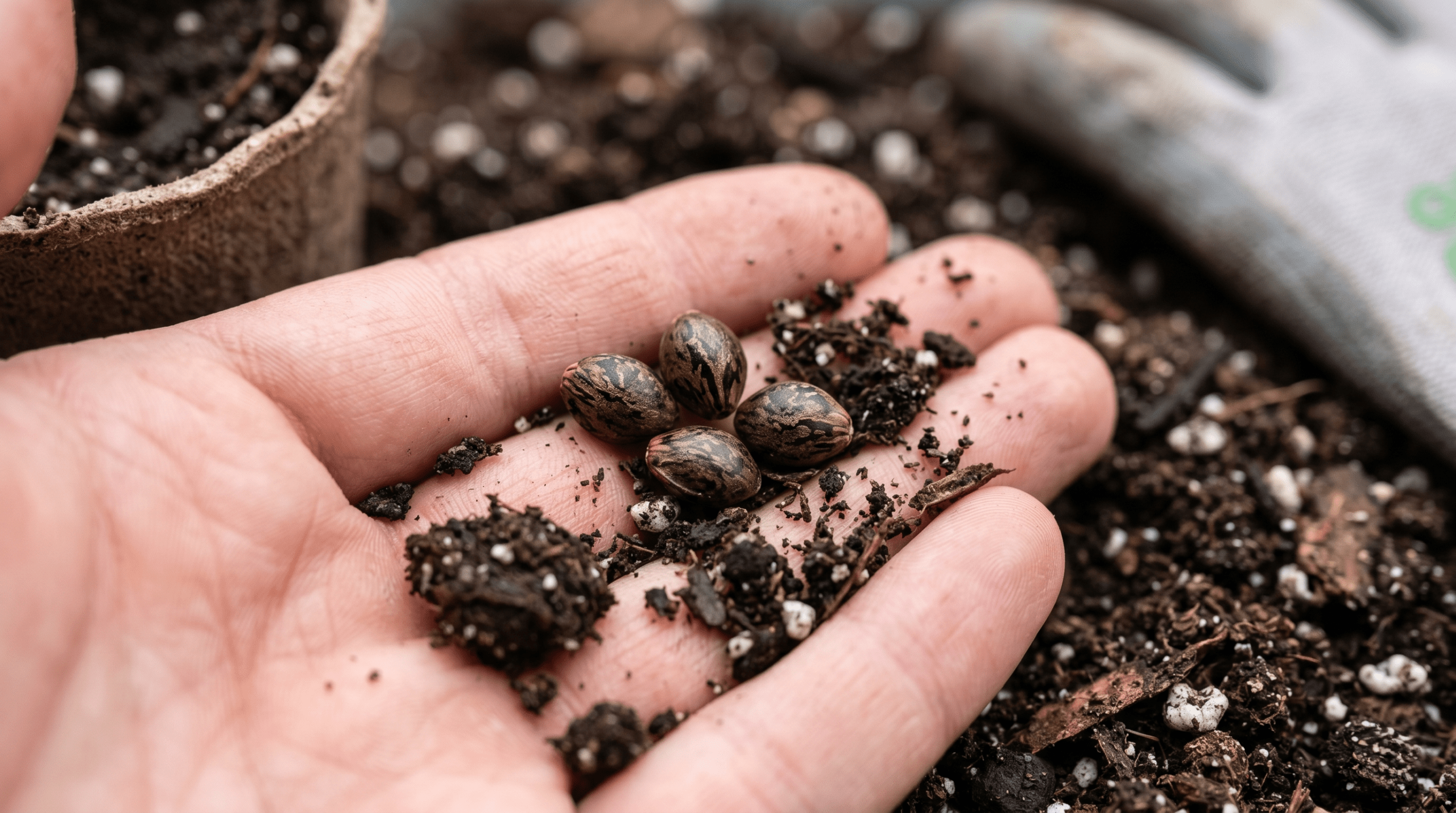 A detailed close-up of dark, high-quality tiger-striped Blue Dream cannabis seeds on organic soil.
