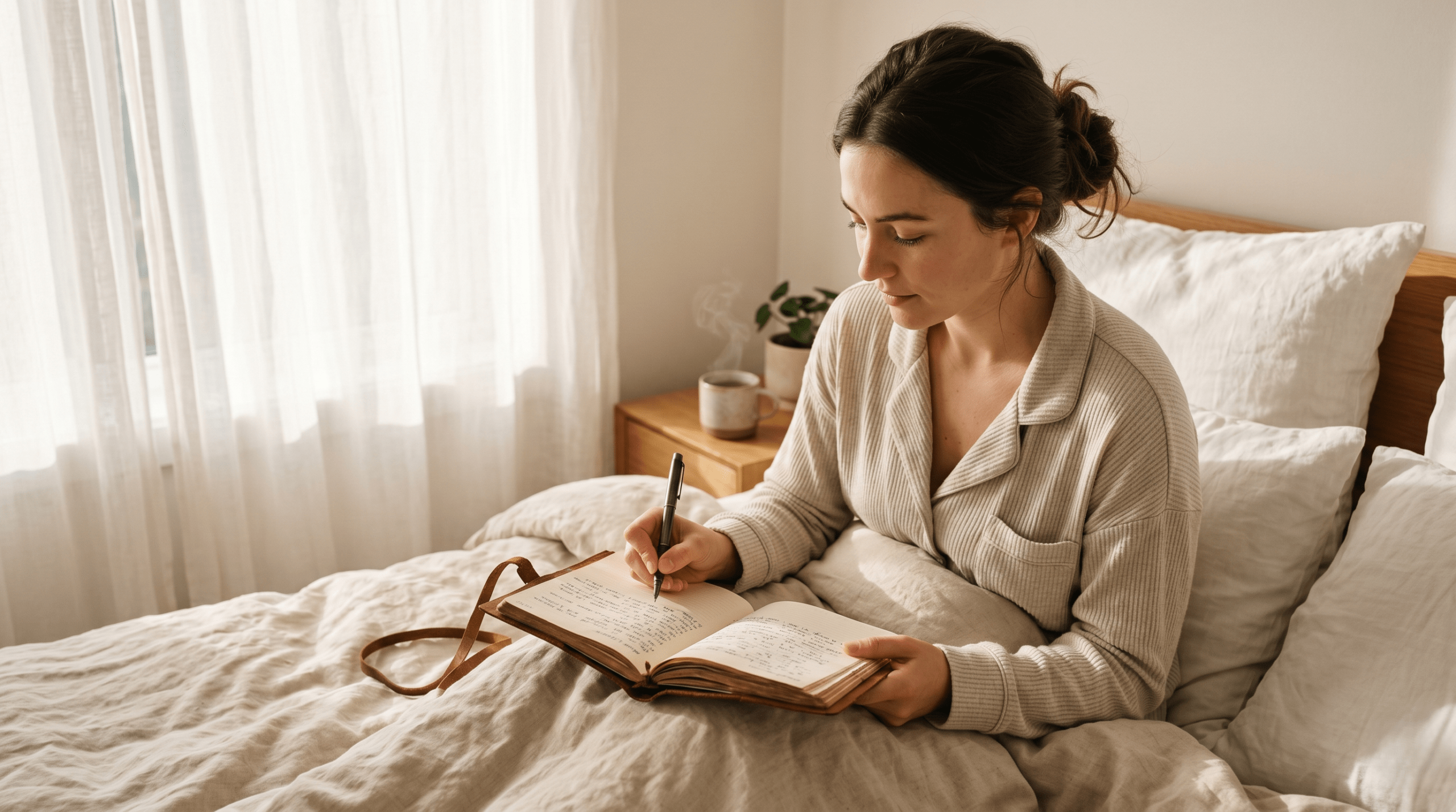 A person writing in a dream journal during a calm morning routine to integrate subconscious insights.