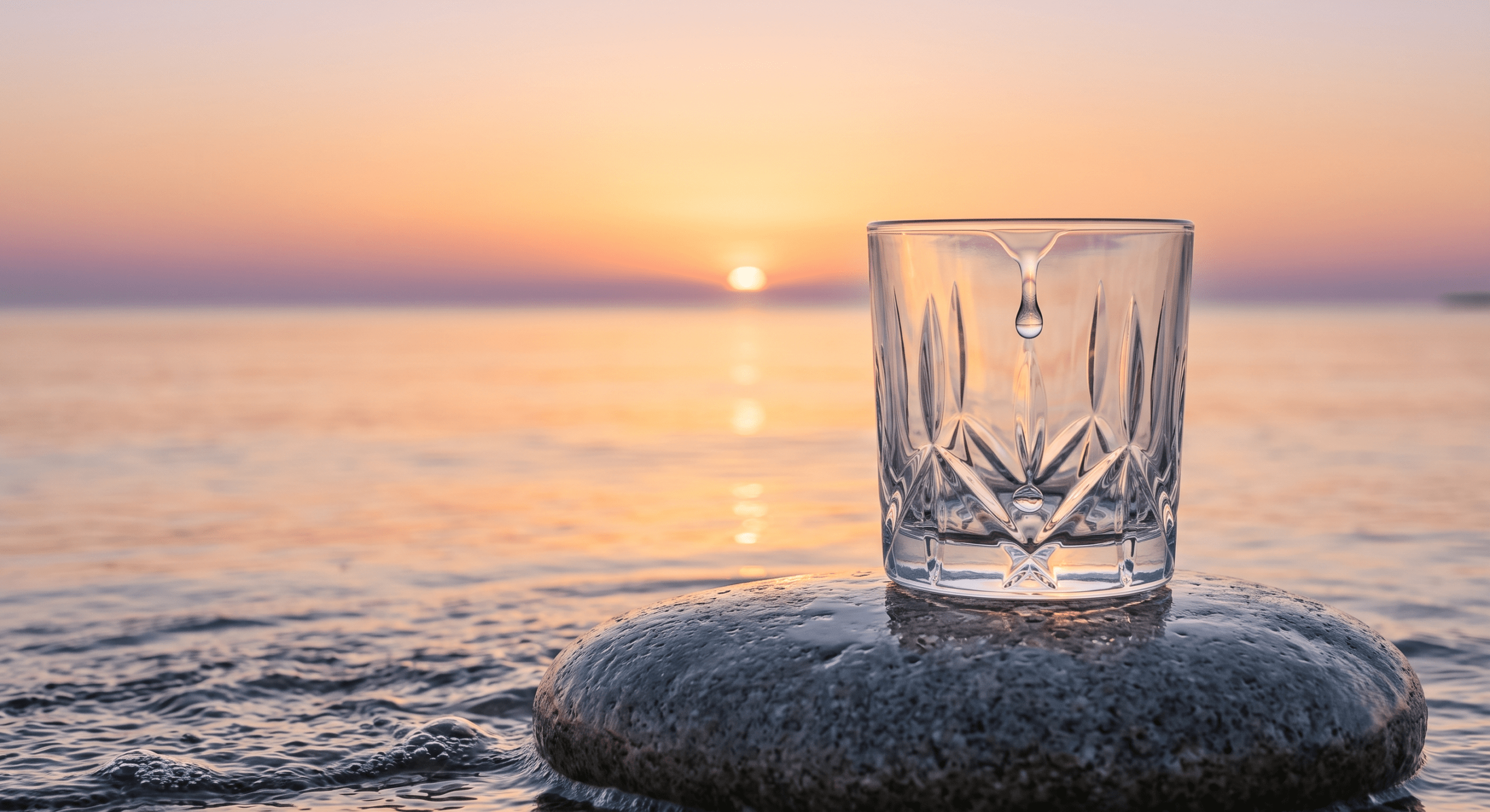 Elegant glass on ocean stone at dawn, symbolizing balanced San Diego happy hour life.
