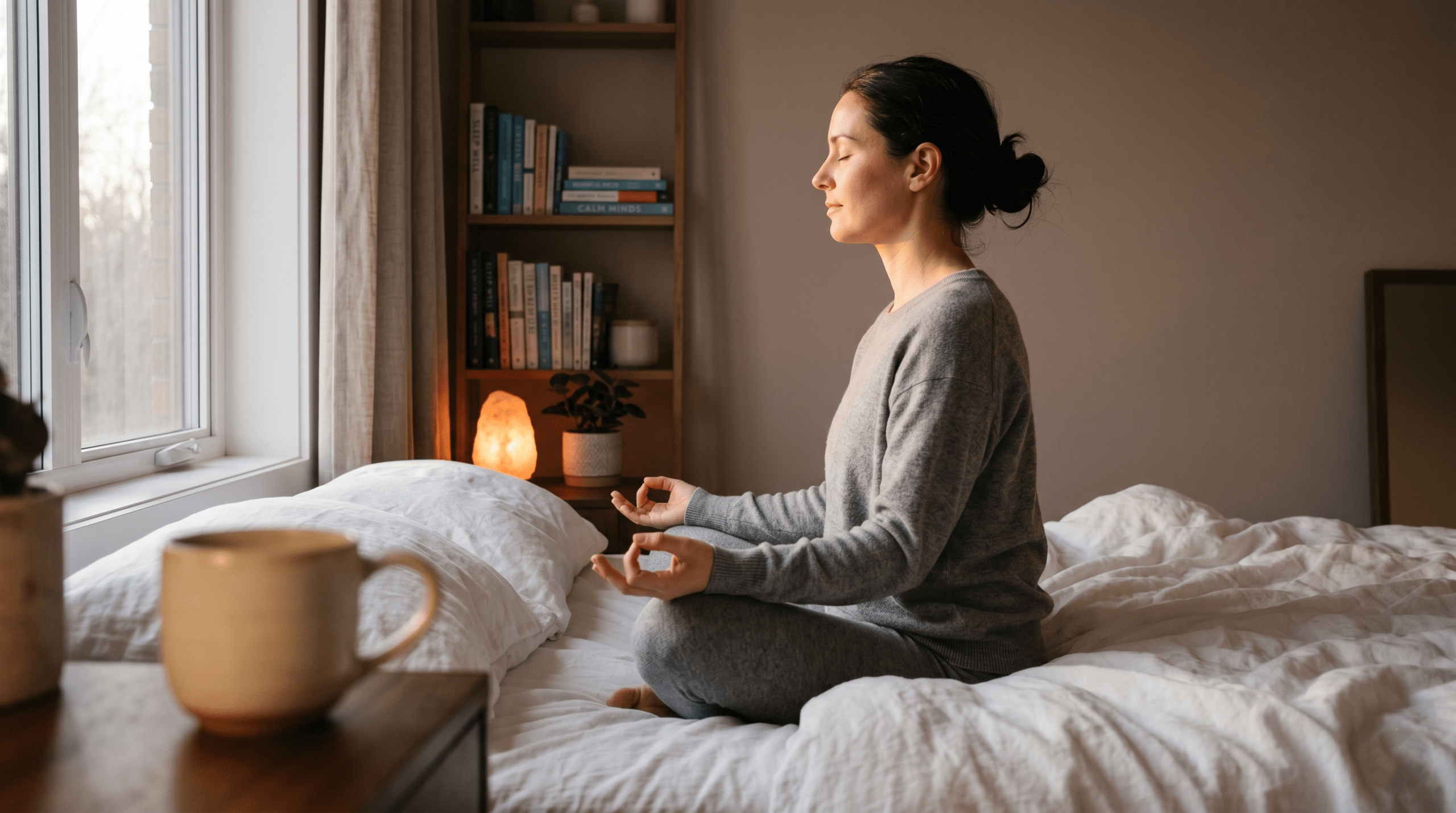 A woman meditating peacefully in bed illustrating a post-happy hour wind-down routine for better sleep.
