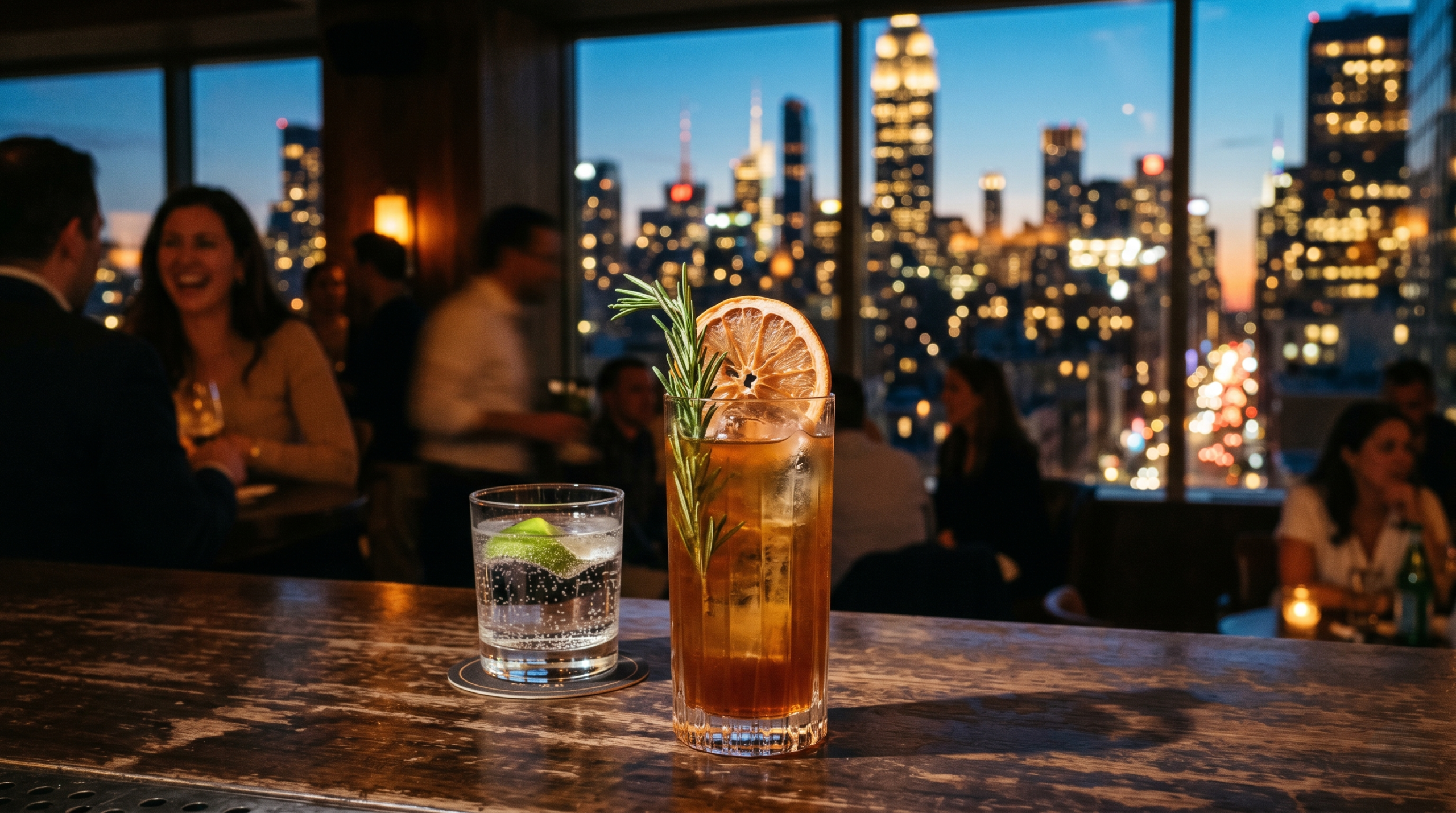 A sophisticated non-alcoholic botanical mocktail with sparkling water served at a warm midtown bar at night.

