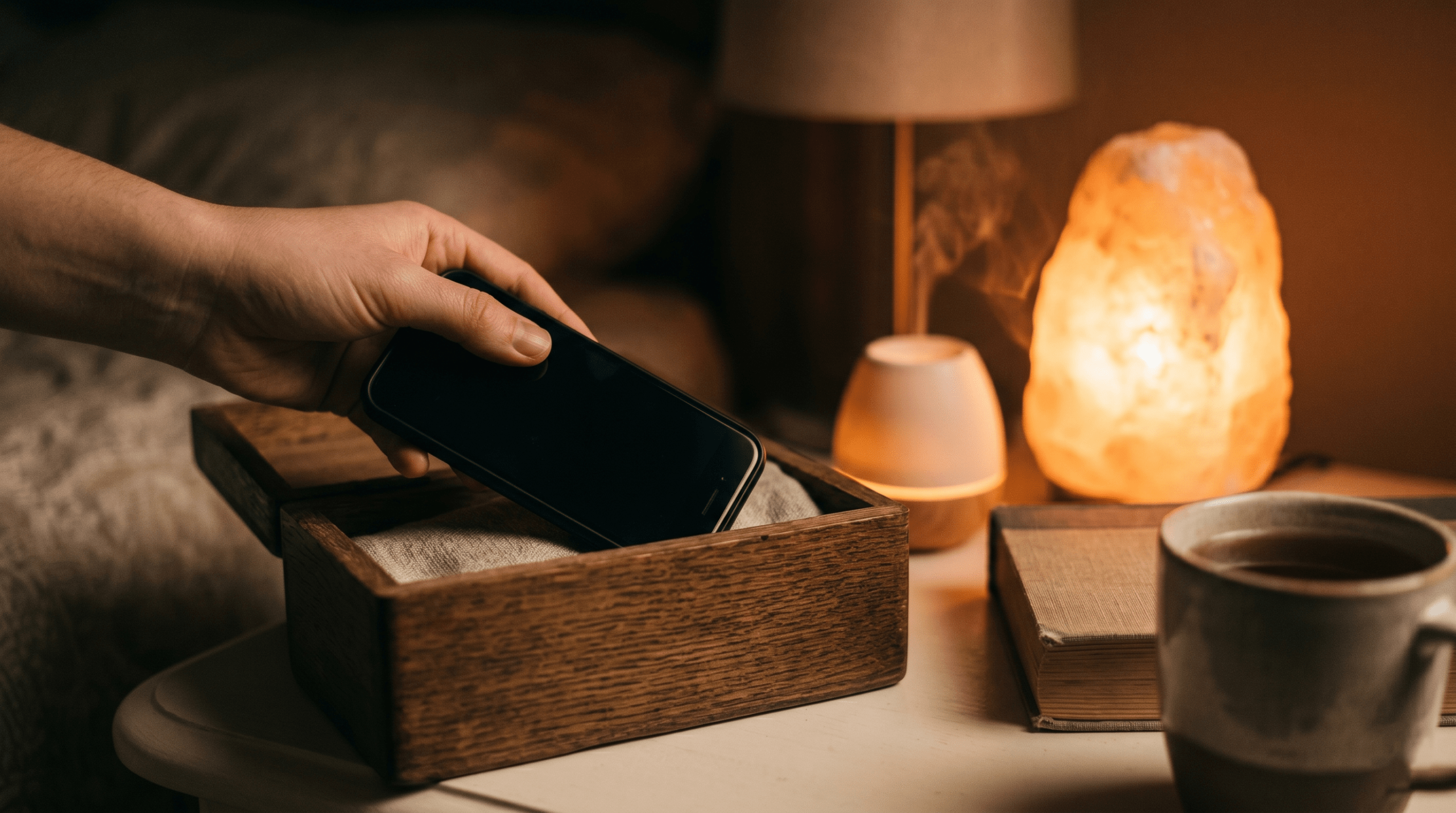 Warm-toned photograph of a hand placing a dark, turned-off smartphone into a rustic wooden box on a bedside table under warm ambient light.
