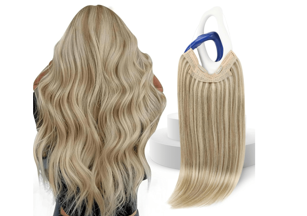 Sunny Hair Wire Hair Extensions Real Human Hair Softness 18 Inch 85G Color 16/22 Golden Blonde Highlights Medium Blonde Invisible Transparent Line... 
