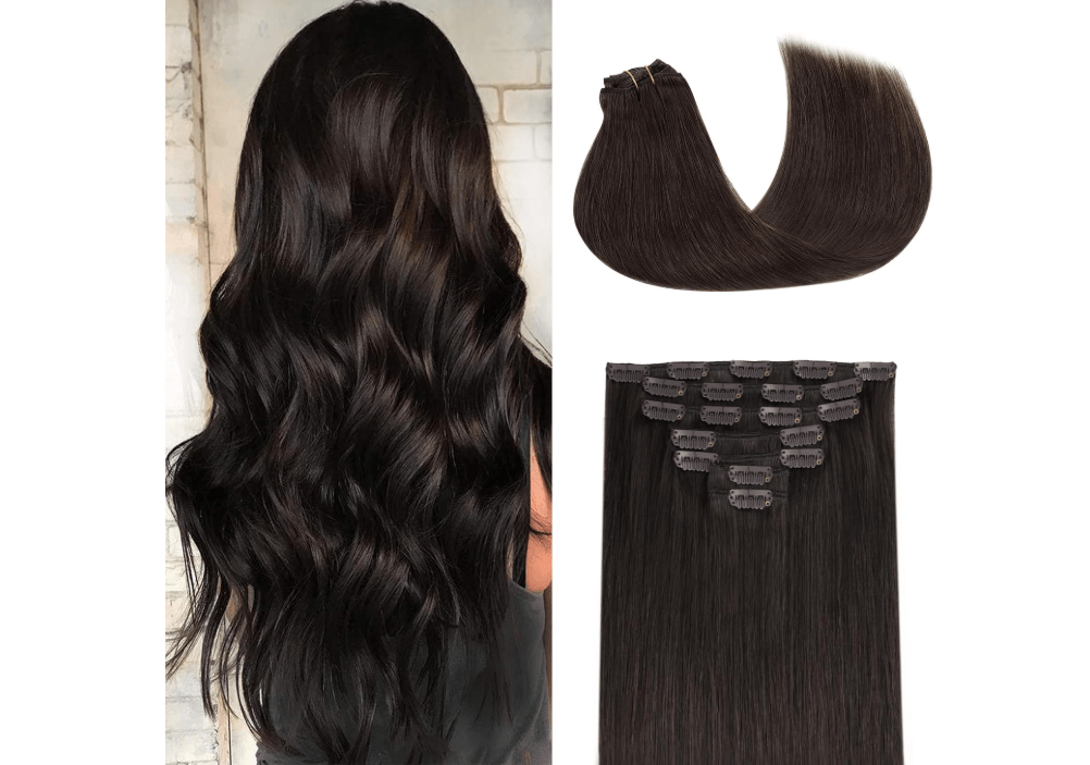 GOO GOO Clip in Hair Extensions Real Human Hair, Remy Human Hair Extensions Clip ins for Women, Natural Human Hair, 18inch 120g 7Pcs, 2 Dark Brown 
