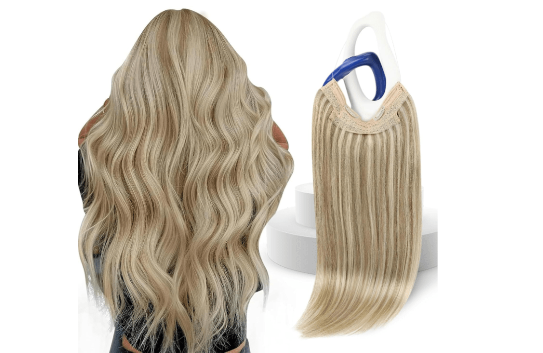 Sunny Hair Wire Hair Extensions Real Human Hair Softness 16 Inch 85G Color 16/22 Golden Blonde Highlights Medium Blonde Invisible Transparent Line...
