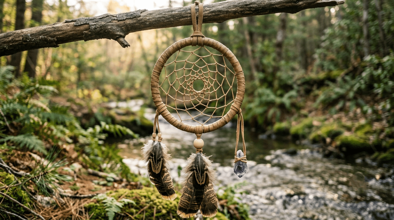Handcrafted authentic traditional Ojibwe dream catcher with willow hoop, sinew weave, natural feathers, and amethyst crystal.

