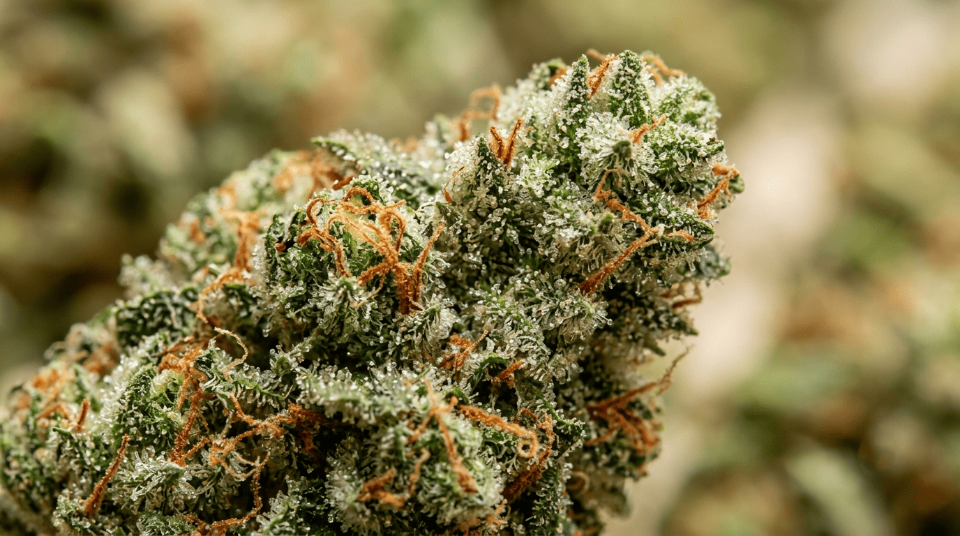 Close-up macro photograph of a premium cannabis flower from Happy Valley Boston, showcasing the trichomes and terpenes.