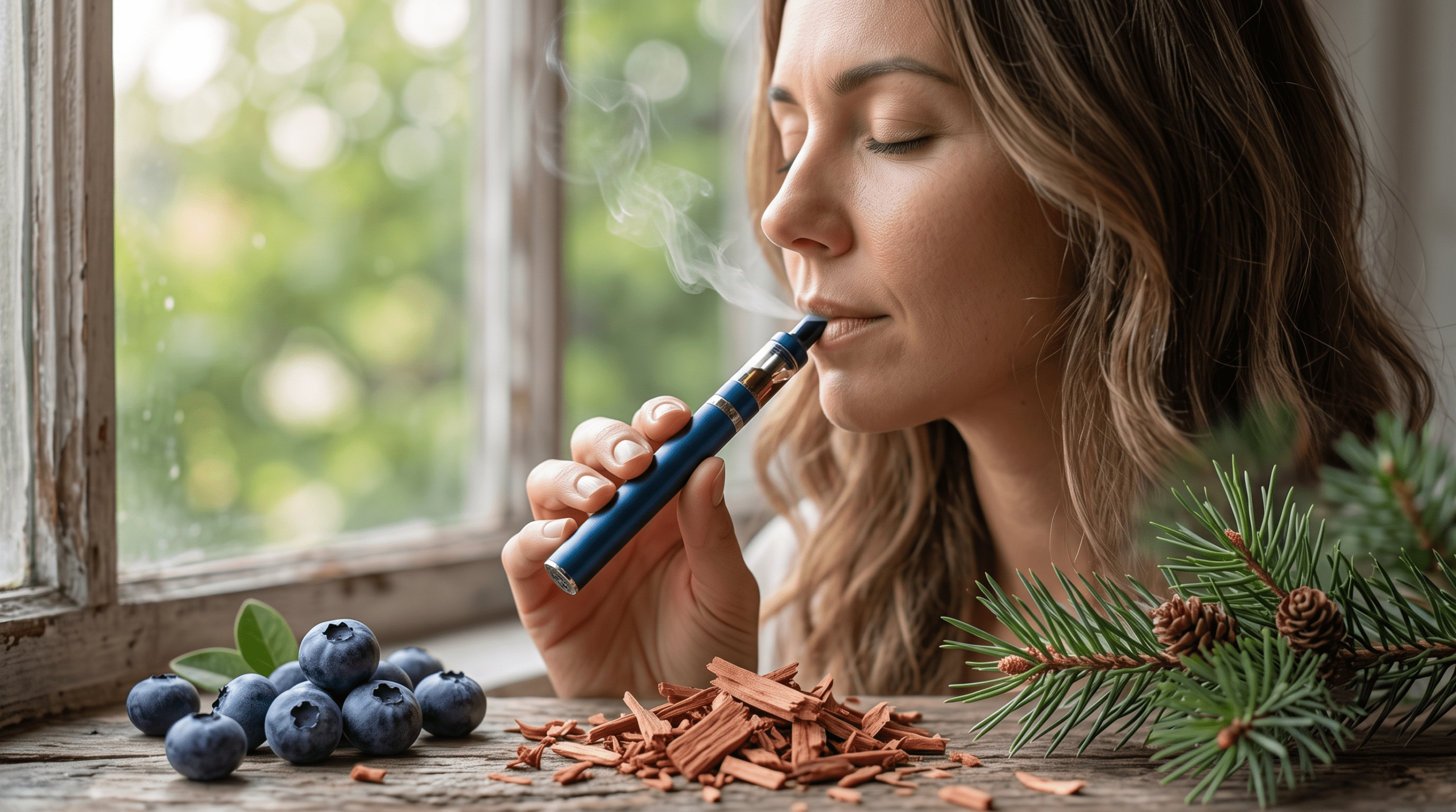 A peaceful woman uses a sleek blue dream vape pen near fresh blueberries, cedar wood, and pine, visualizing the botanical terpene profile for holistic wellness.