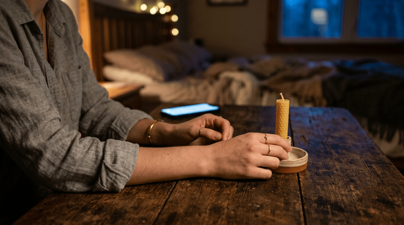 Stressed woman in bedroom choosing between smartphone blue light and a calming candlelight sleep ritual. 