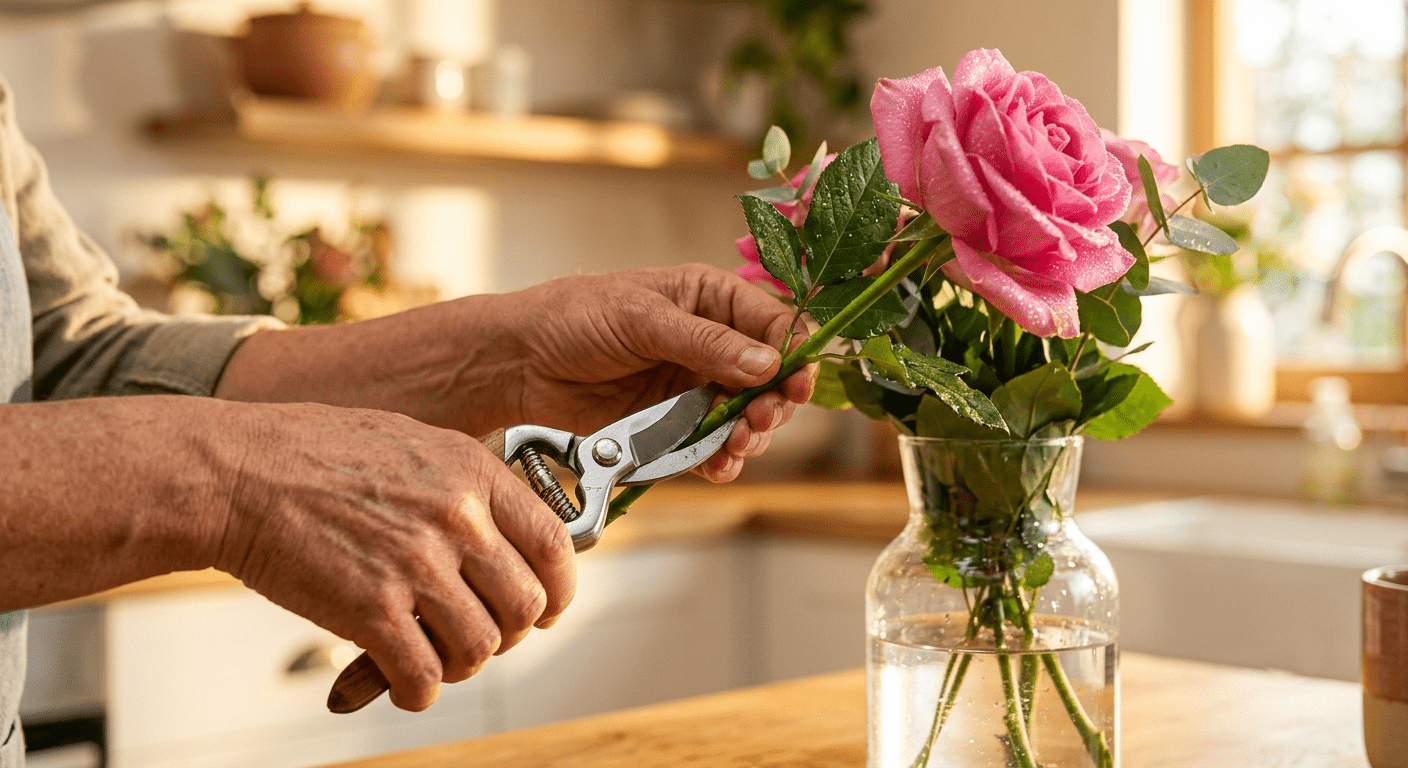 A detailed photograph illustrating the holistic care process of trimming the stems of luxury elegant happy birthday flowers to ensure longevity and positive energy flow.
