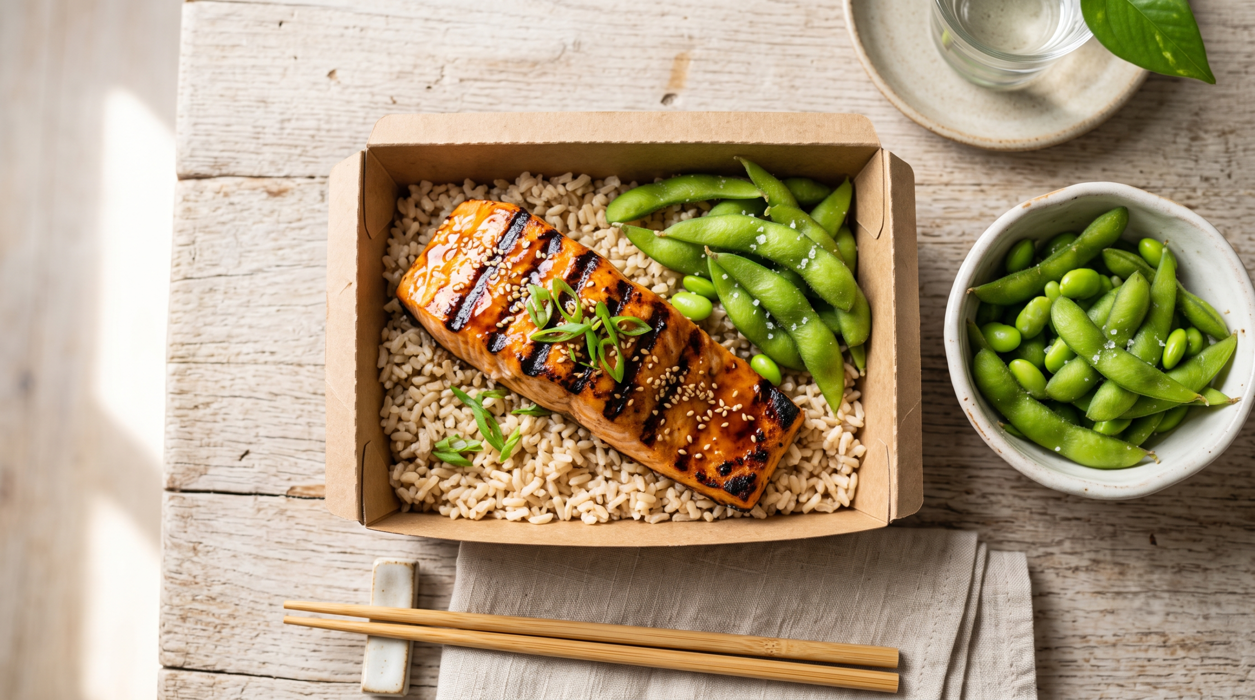 A top-down view of a grilled teriyaki salmon filet and a bowl of steamed edamame served in eco-friendly takeout packaging on a wooden table.