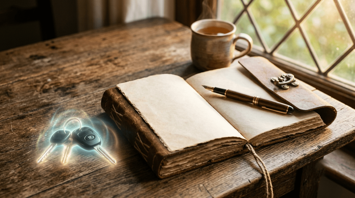 Open dream journal and glowing car keys on a wooden desk representing waking-life integration.