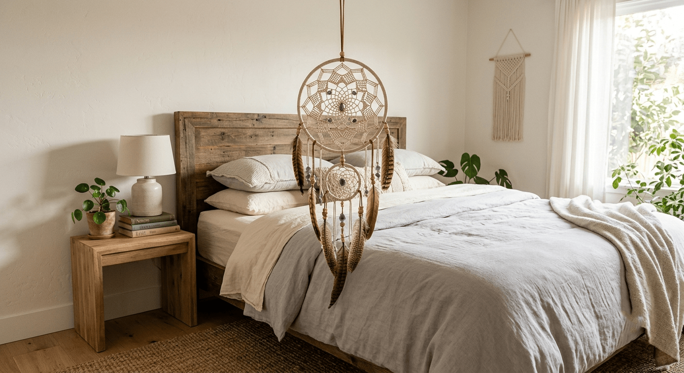Completed handmade dream catcher hanging above a cozy bed with linen bedding in a tranquil, sunlit bedroom sanctuary.
