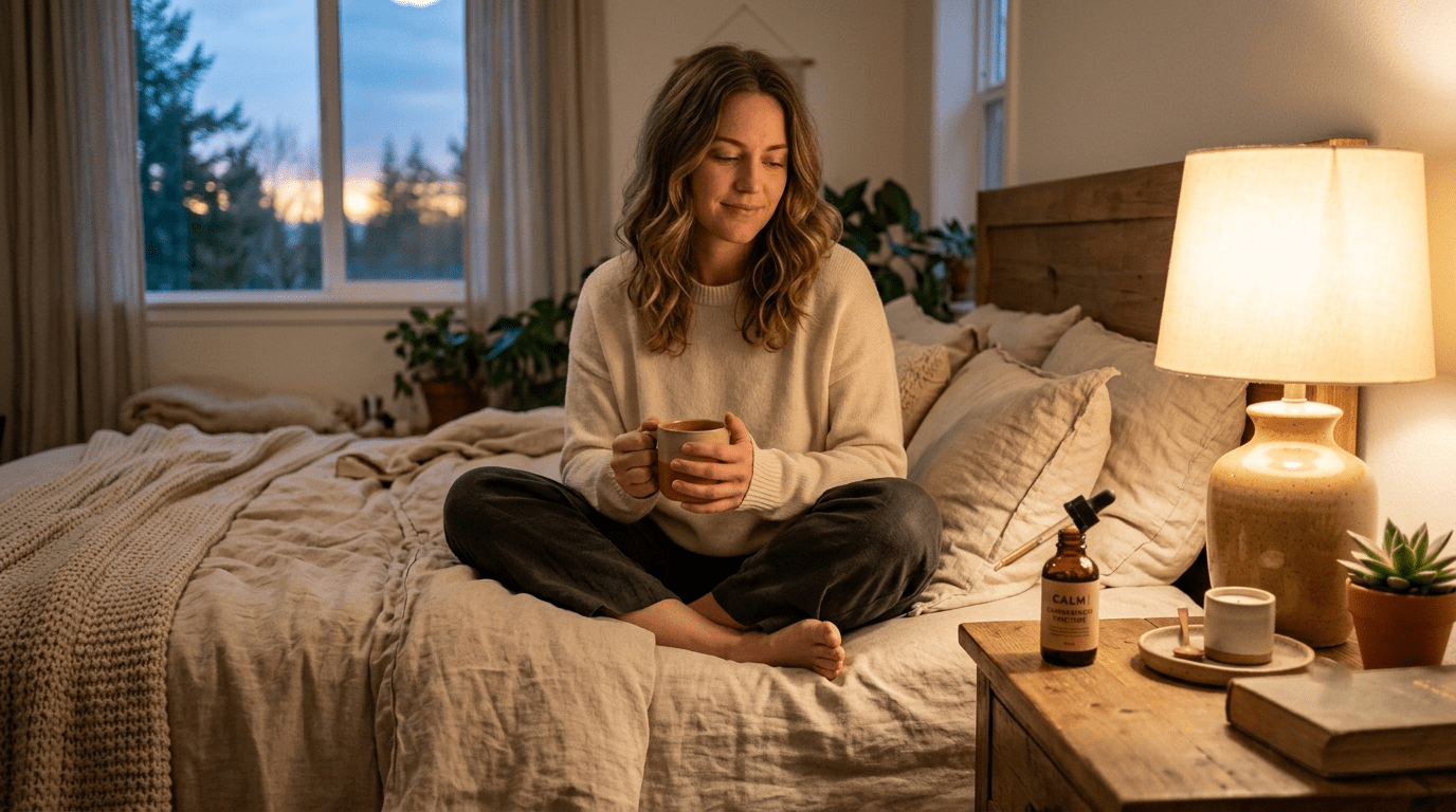 A person incorporating a CBD tincture into their evening wellness routine for deep sleep, reflecting the approach advocated by Happy Valley Boston.