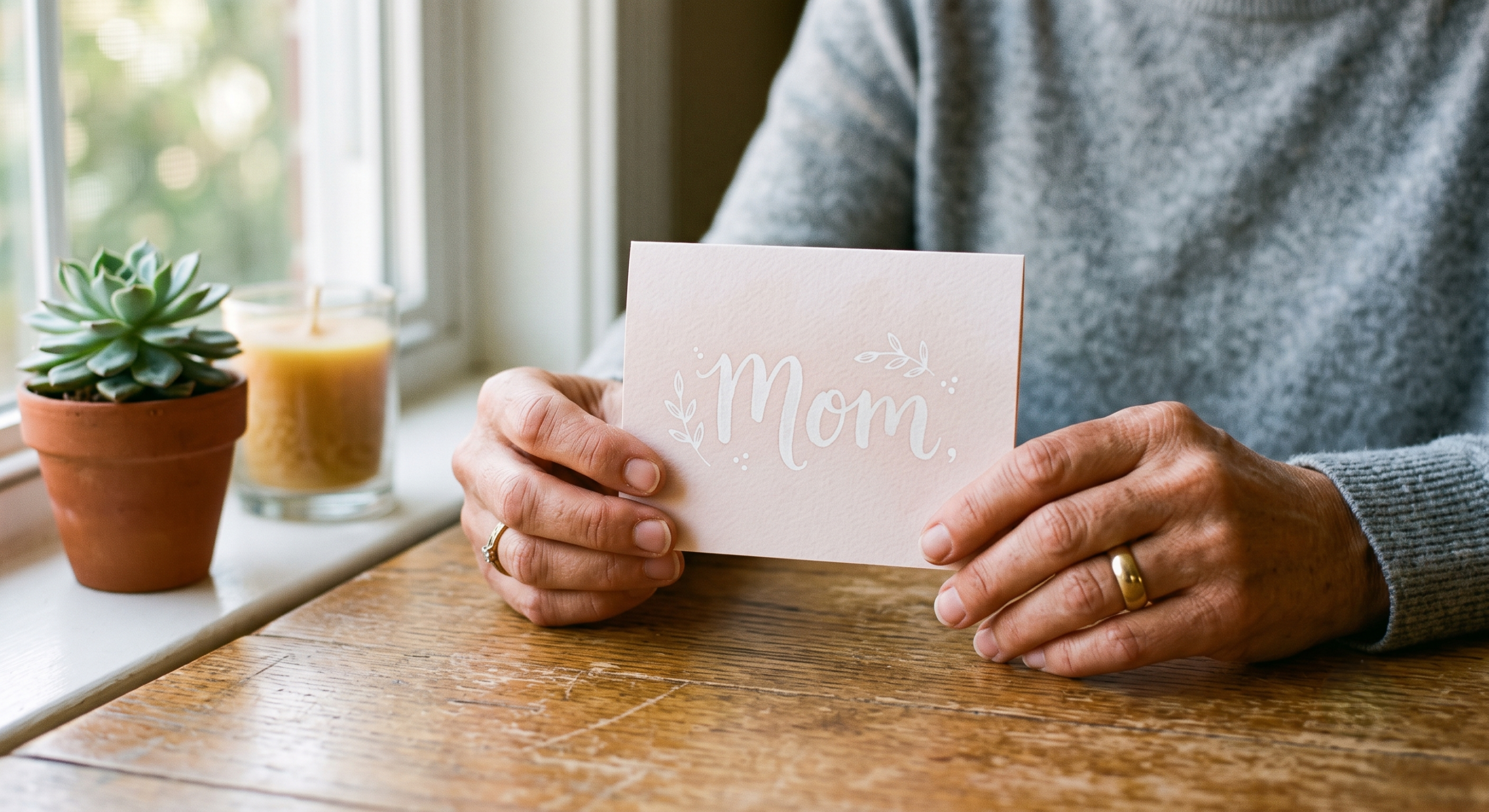 Detail shot of a mother’s hands holding a pastel Mother's Day card in a calm, mindful setting with natural light.
