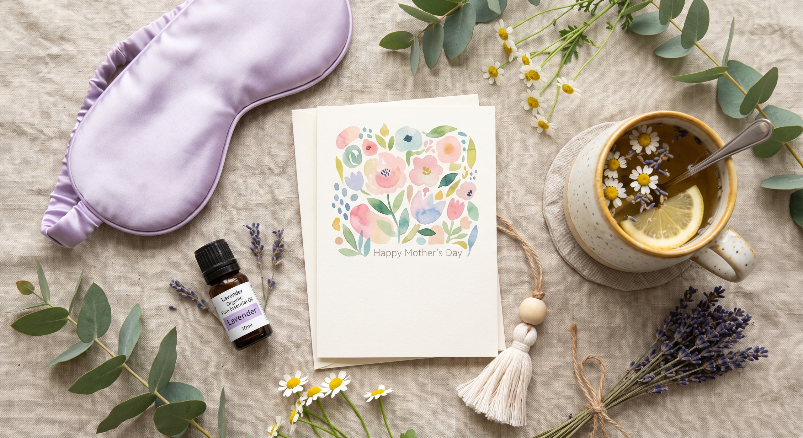 Curated flat lay image of a Mother's Day care package including a card, lavender sleep mask, essential oil, and herbal tea.