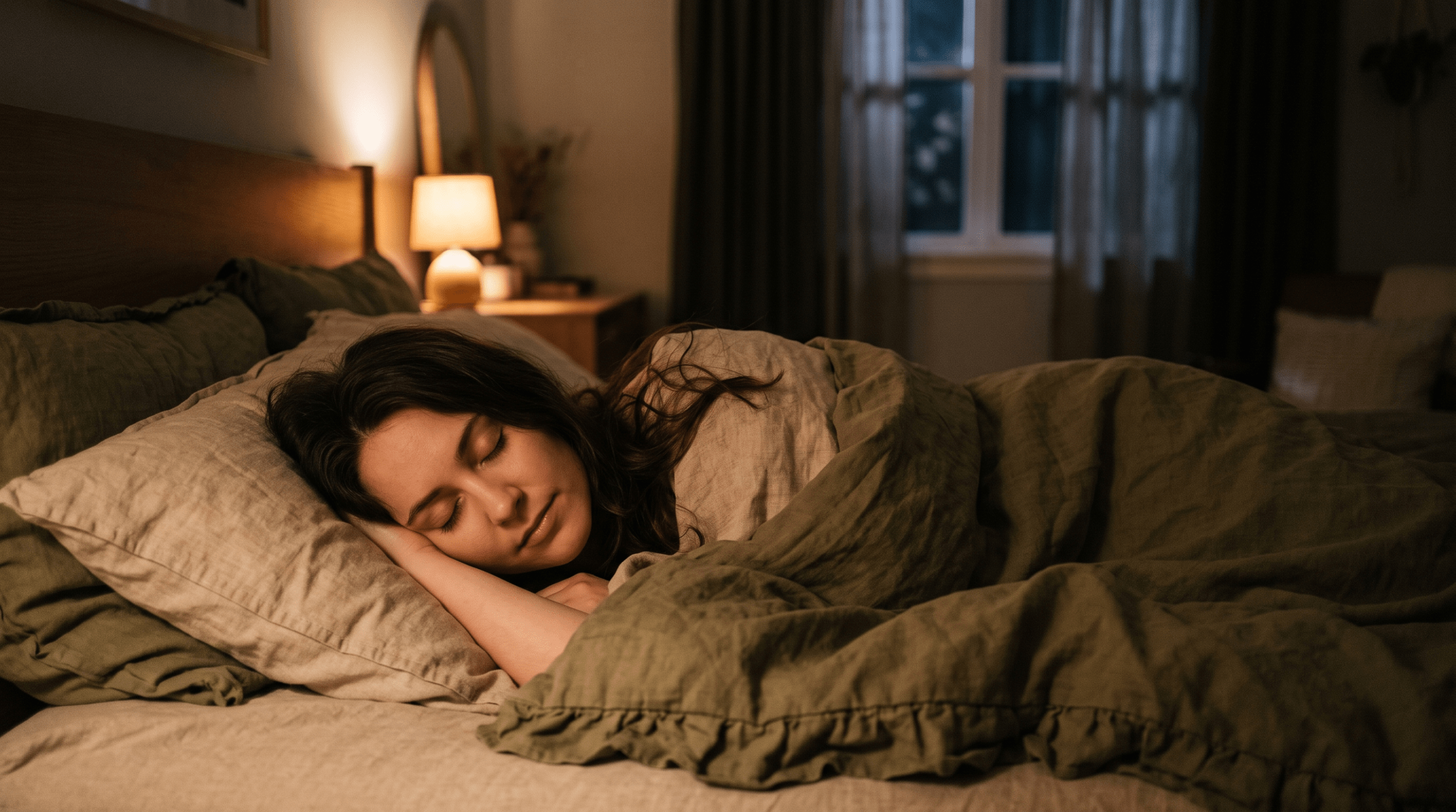 A peaceful, atmospheric photograph of a person sleeping deeply in a calm bedroom with soft linen bedding, representing restful sleep.