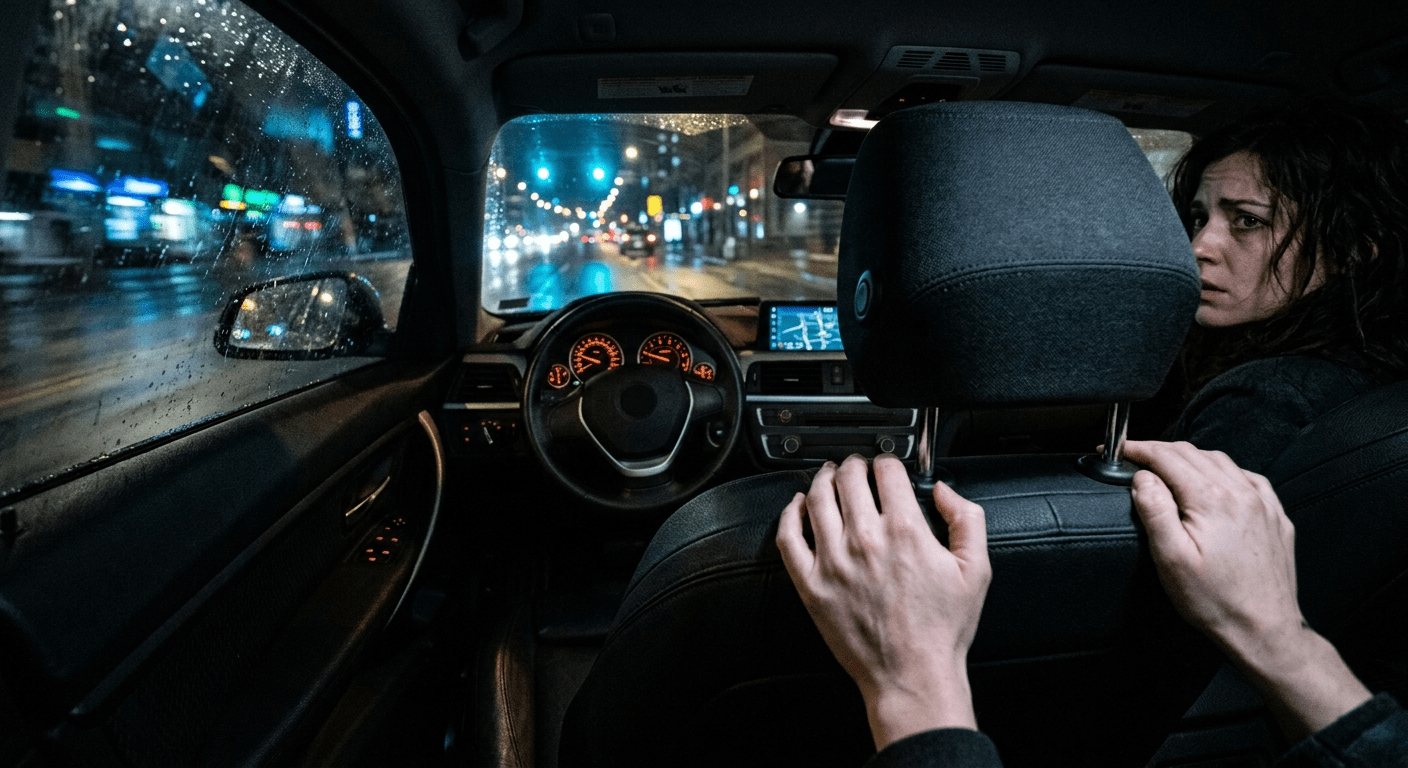 A tense point-of-view shot from the backseat of a moving night car with an empty driver's seat, illustrating control anxiety in dream interpretation.