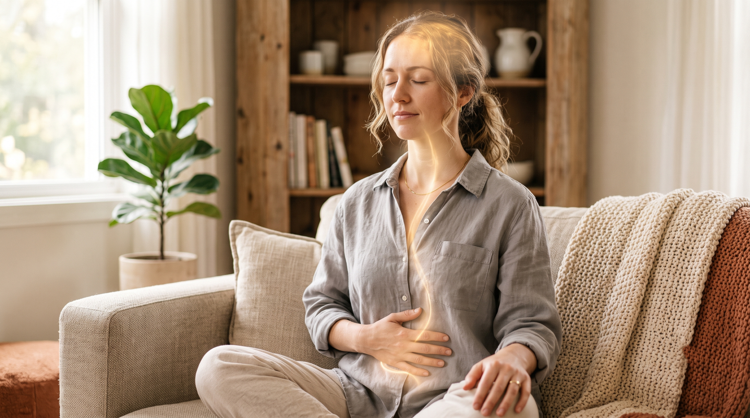 A close-up photograph of a woman with a calm expression, illustrating the connection between gut health and mental well-being with a subtle golden glow.