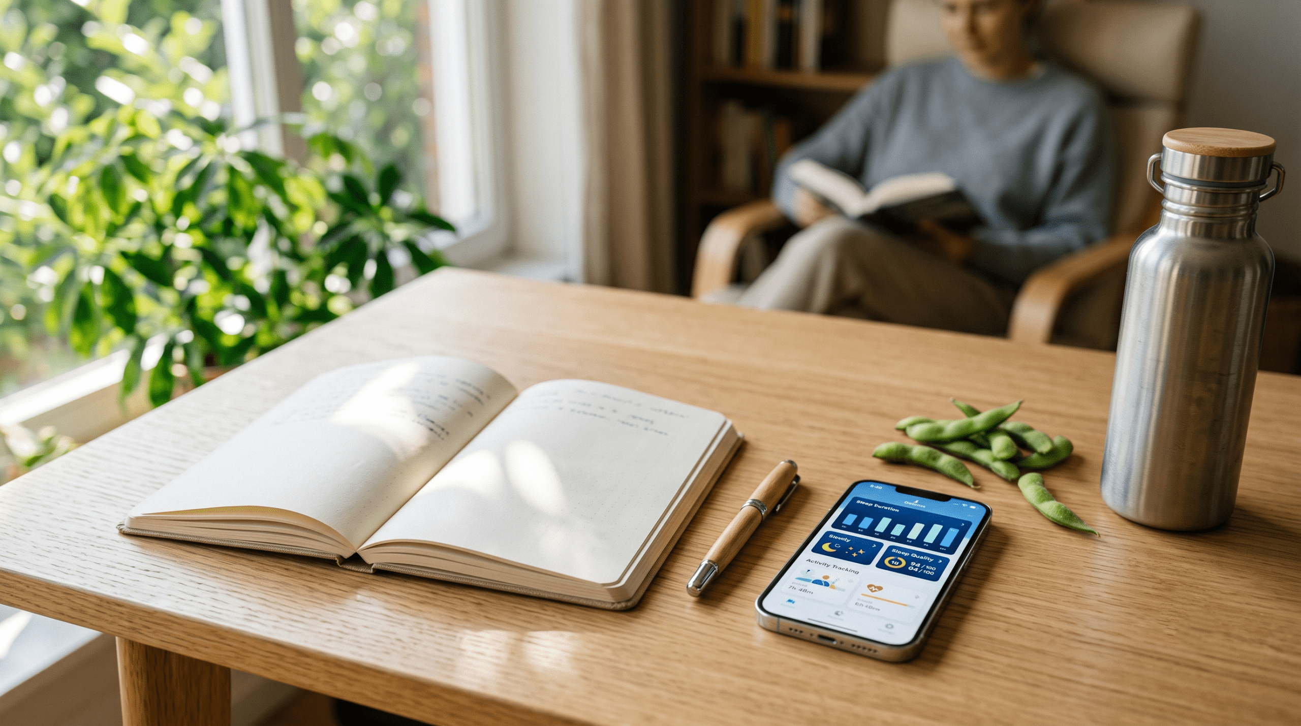 A close-up of a wellness journal and a smartphone displaying a sleep tracking app on a wooden desk, symbolizing healthy habits.