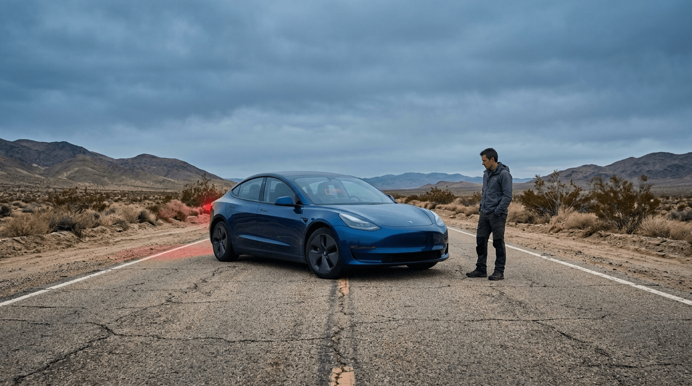 A motionless, sleek blue electric car sits on a desolate desert highway under a moody sky, symbolizing systemic energy burnout in modern dream analysis.