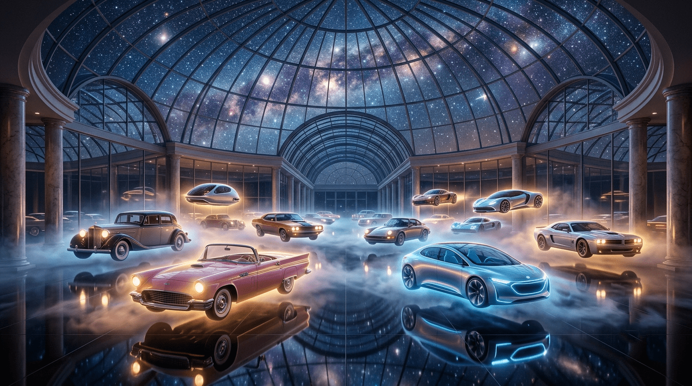 Ethereal dream auto group showroom with glowing cars symbolizing life choices.