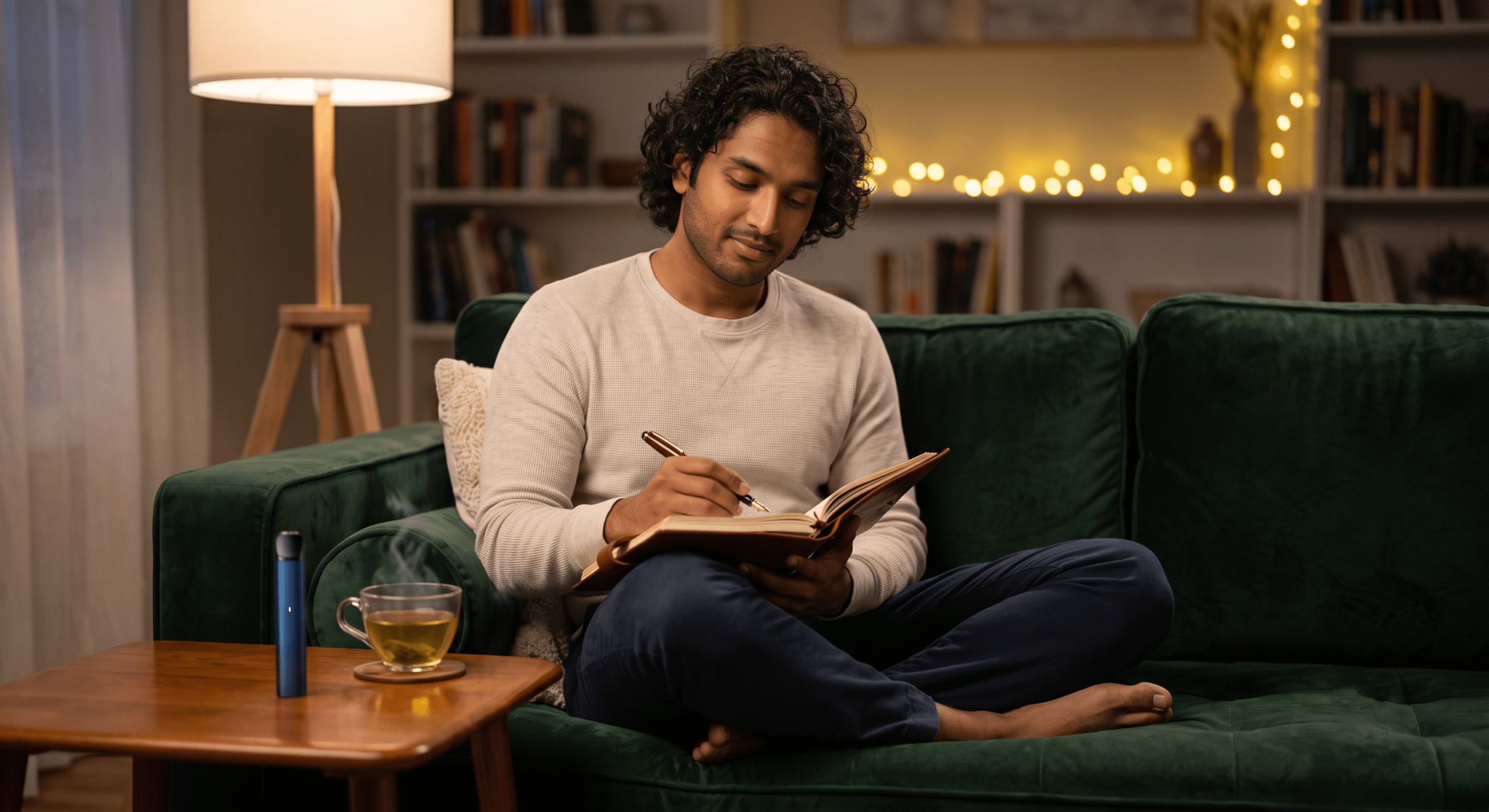A young man with loose curls journals in a cozy living room at dusk, transitioning through an evening routine supported by a blue vape pen and herbal tea.