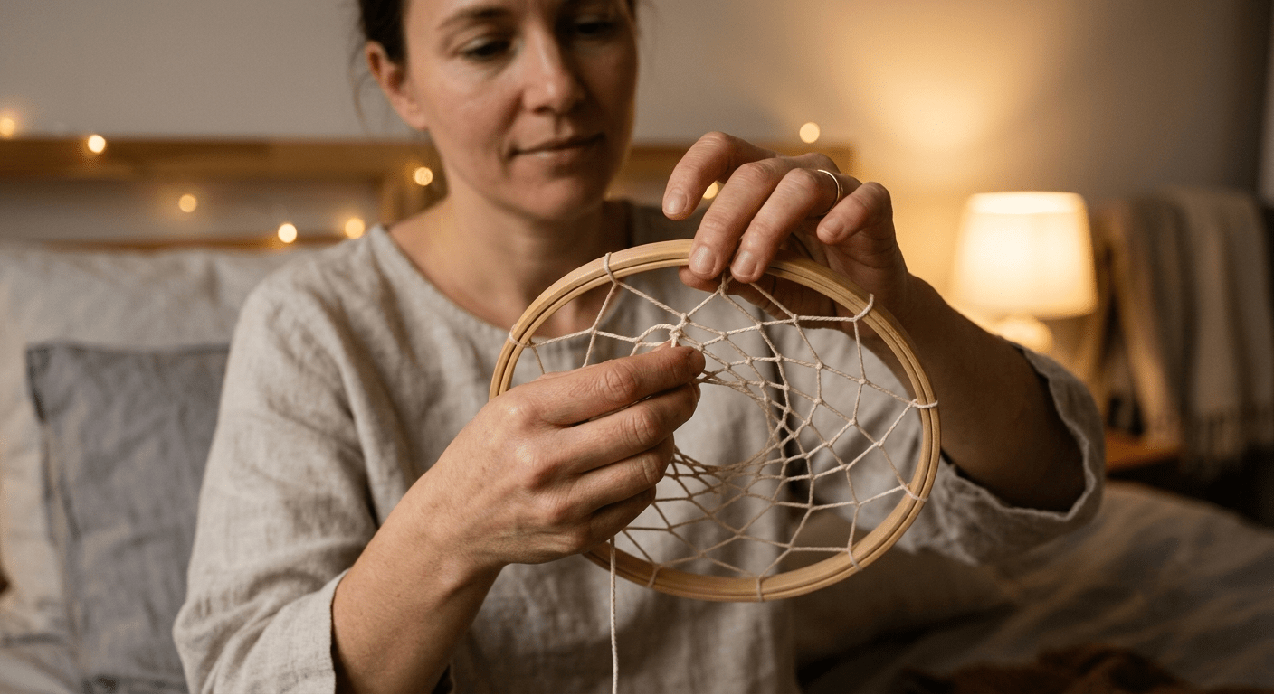 Close-up of woman's hands mindfully weaving the intricate cotton web pattern on a bamboo dream catcher hoop.
