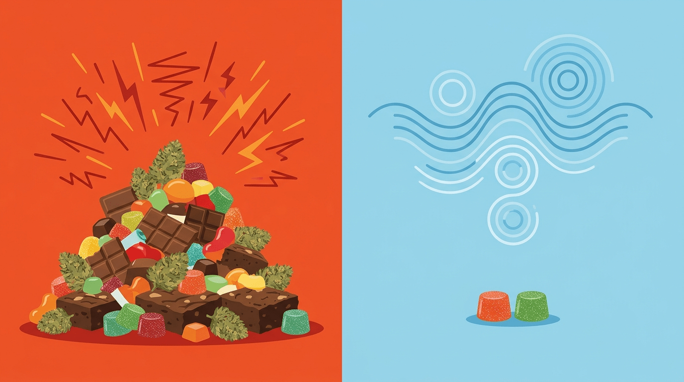 A graphic visualizing the biphasic effect of cannabis, contrasting a heavy dose (chaos) with a micro-dose (calm) as discussed by Happy Valley Boston experts.