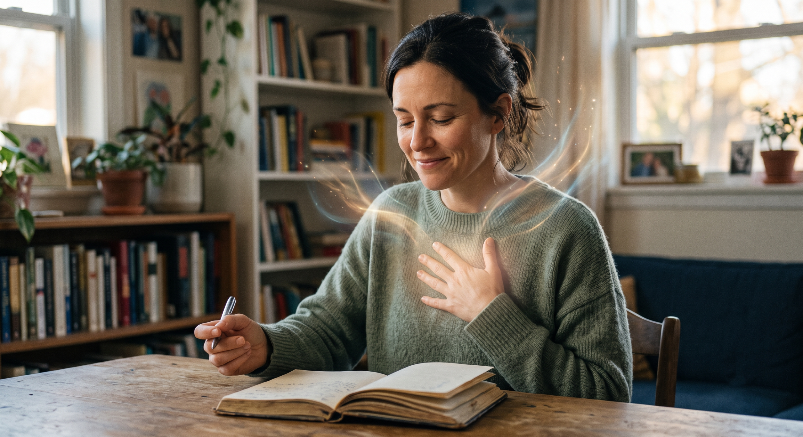 Stylized photographic image of a young girl writing, visualizing the moment her voice emerges as calming light.