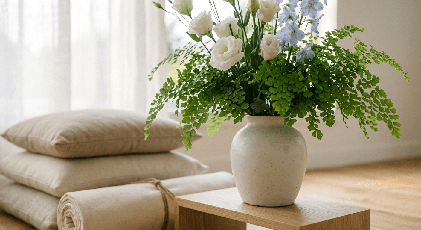 A tranquil meditation room setting featuring a serene arrangement of white and blue luxury elegant happy birthday flowers to support a calming, holistic well-being practice.
