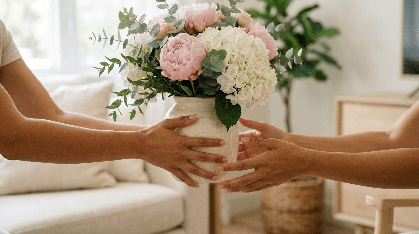 A close-up photograph showing the emotional exchange of receiving a luxury elegant happy birthday flower arrangement of peonies and hydrangeas in a home setting.
