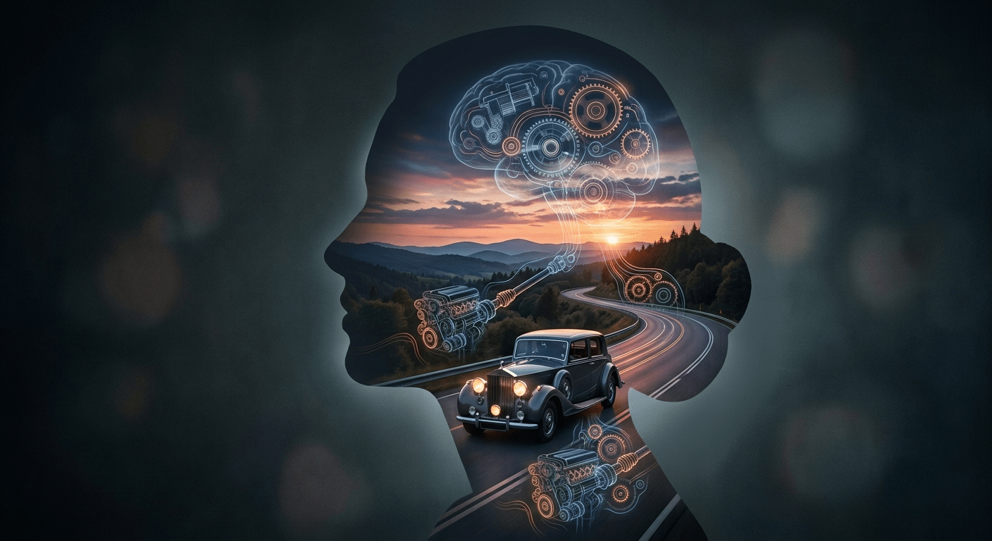 A double-exposure conceptual image merging a woman's profile with a glowing vintage car on a dusk highway, symbolizing the subconscious dream auto metaphor.
