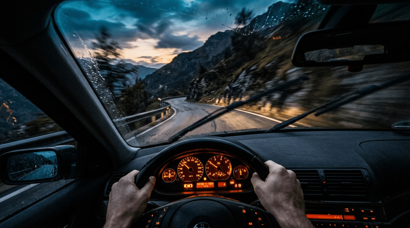 Driver's perspective of a speeding, uncontrollable vehicle on a dark winding road representing anxiety dreams.