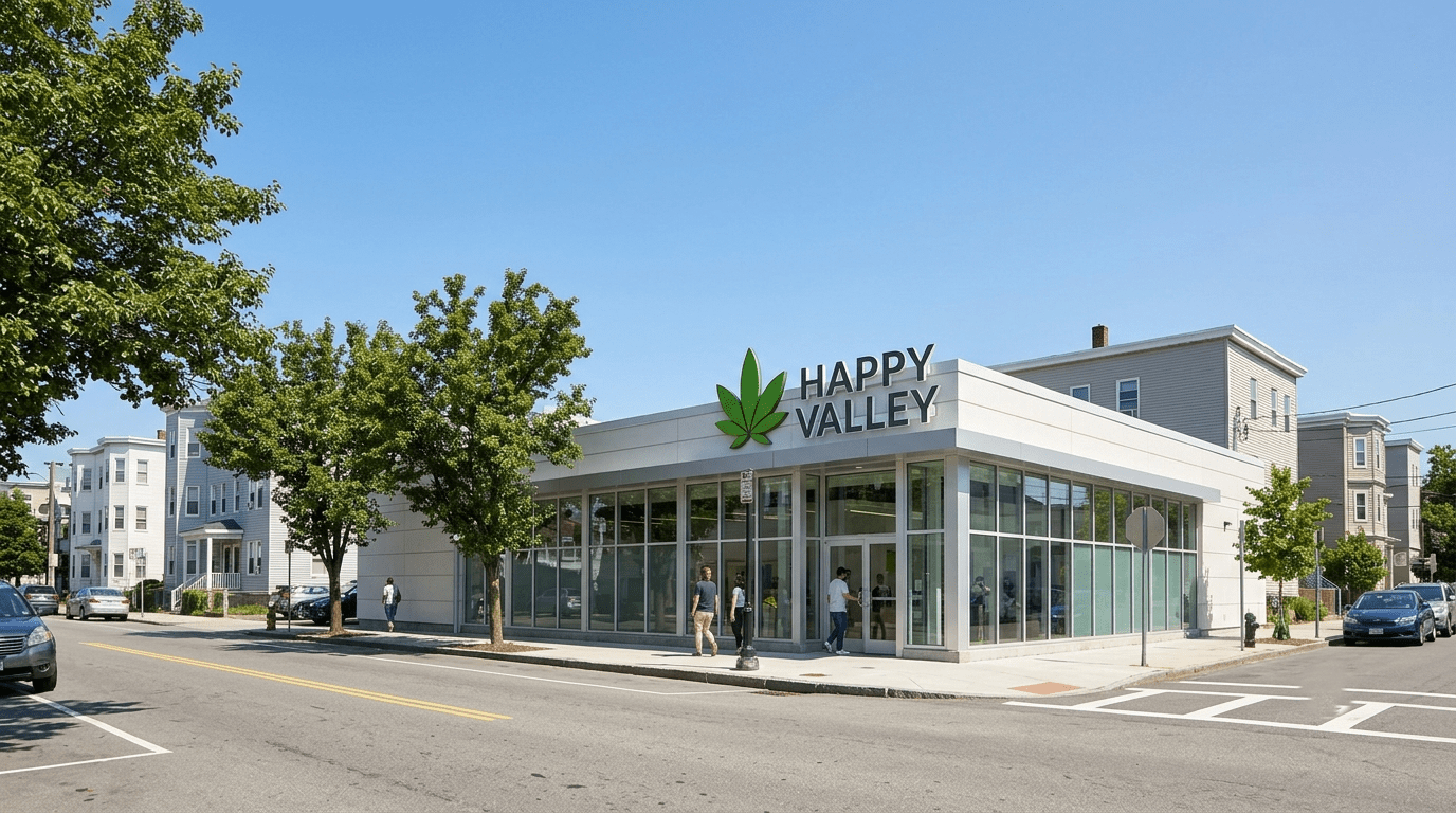 Exterior storefront of the modern Happy Valley Boston dispensary located at 220 William McClellan Hwy in East Boston.
