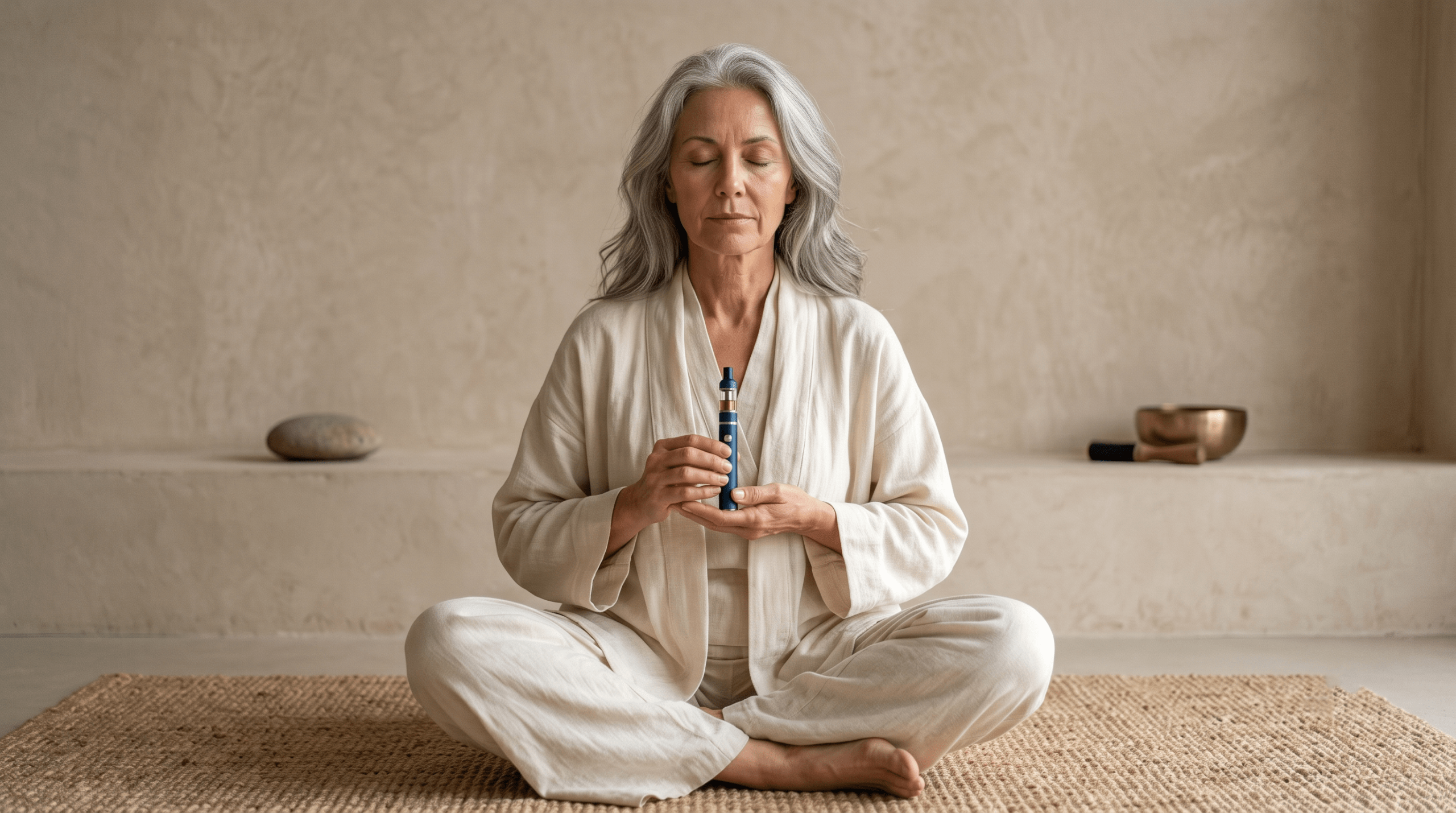 An older woman with gray hair holds a blue vapor pen with intention, seated on a woven mat in a minimalist meditation studio, practicing structured mindful integration.
