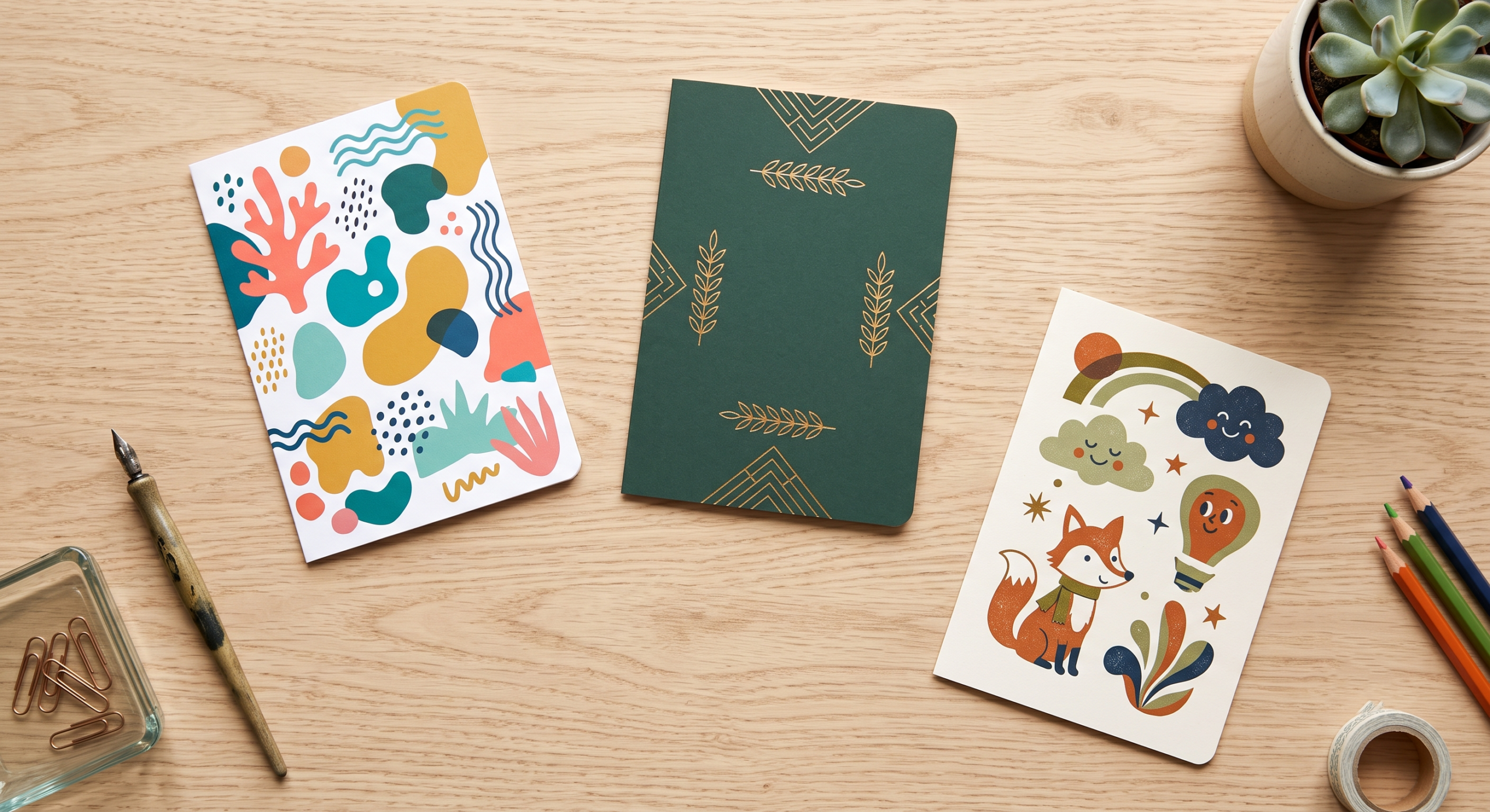 Flat lay display of three distinct styles of illustrative greeting cards on a wooden surface, showing different decorative designs.