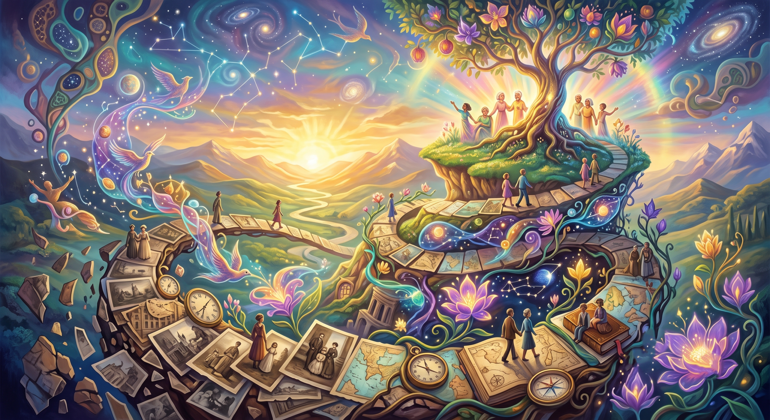 Surreal landscape visualizing holistic lessons on happiness, roots, resilience, and big dreams spiraling from a young girl's mind.