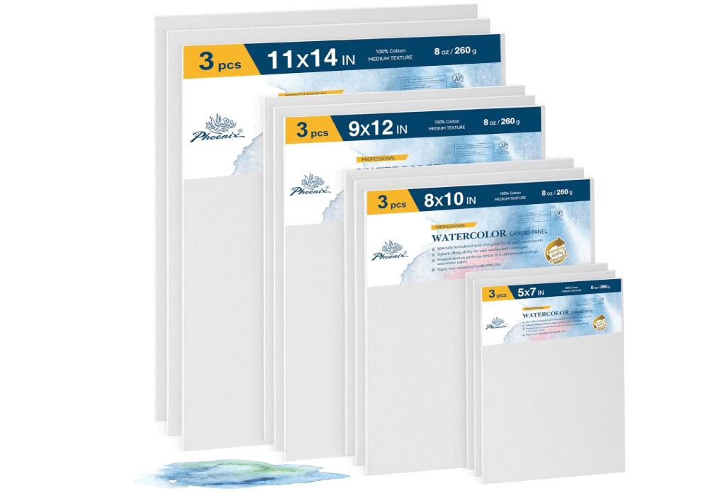 PHOENIX Watercolor Canvas Boards for Painting - 12 Multi Sizes Pack, 5x7,8x10,9x12,11x14 Inch, 100% Cotton Water Color Panels, 8 Oz. / 260g White Blank...